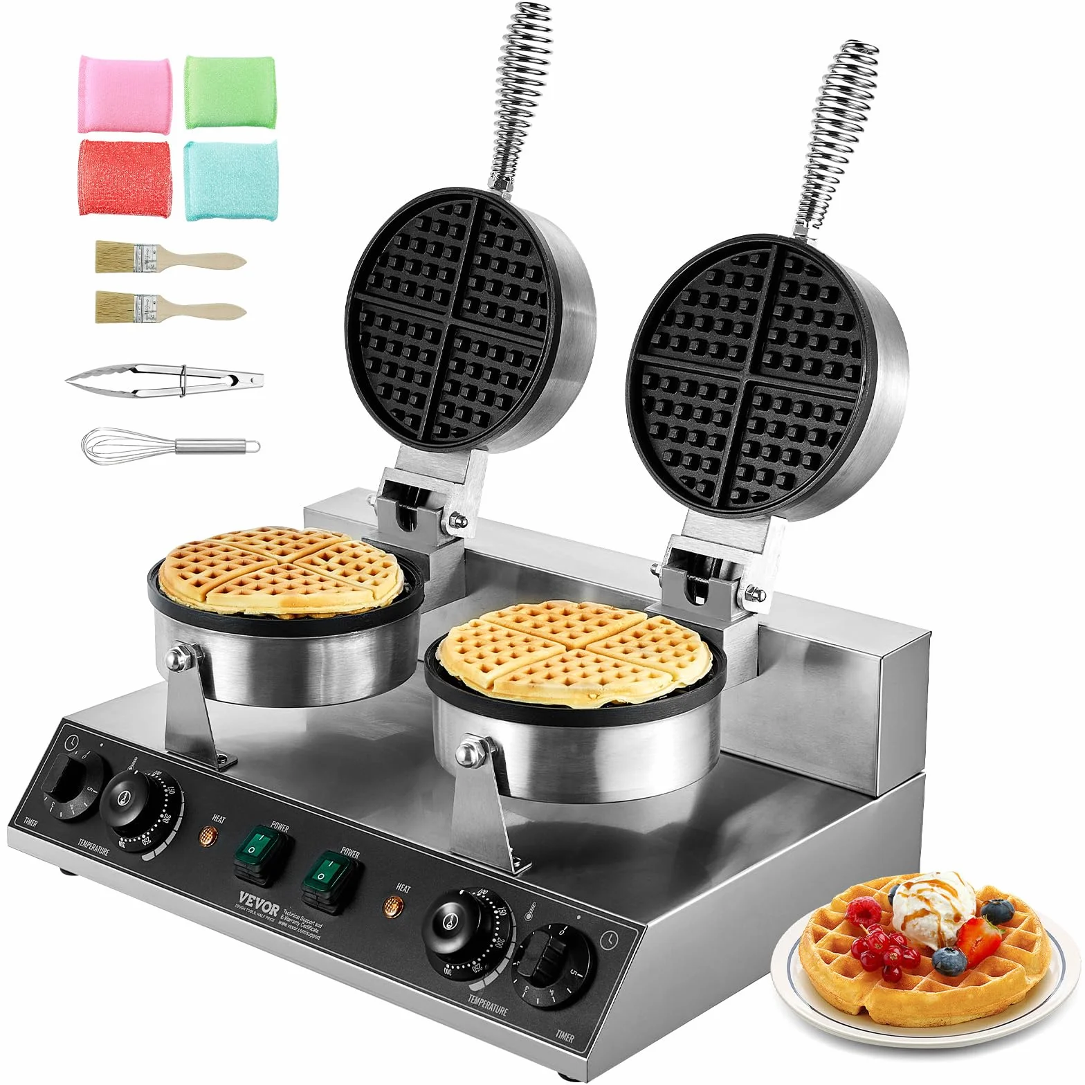 VEVOR Máquina para Hacer Gofres Comerciales, Doble Cabezal, Acero Inoxidable Antiadherente de 2460 W con Control de Temperatura y Tiempo, Asa, para Restaurantes, Familias y Bares, 500 x 470 x 260 mm