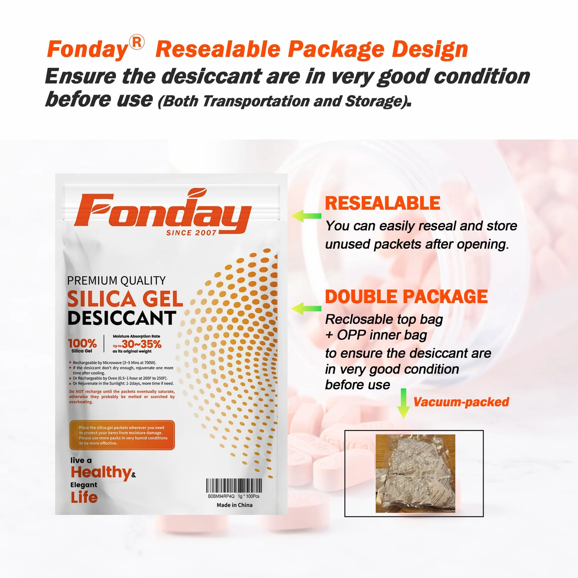 Fonday Bolsas Desecantes de Gel de Sílice Grado Alimenticio 10 Paquetes Recargables Indicador de Humedad Naranja a Verde