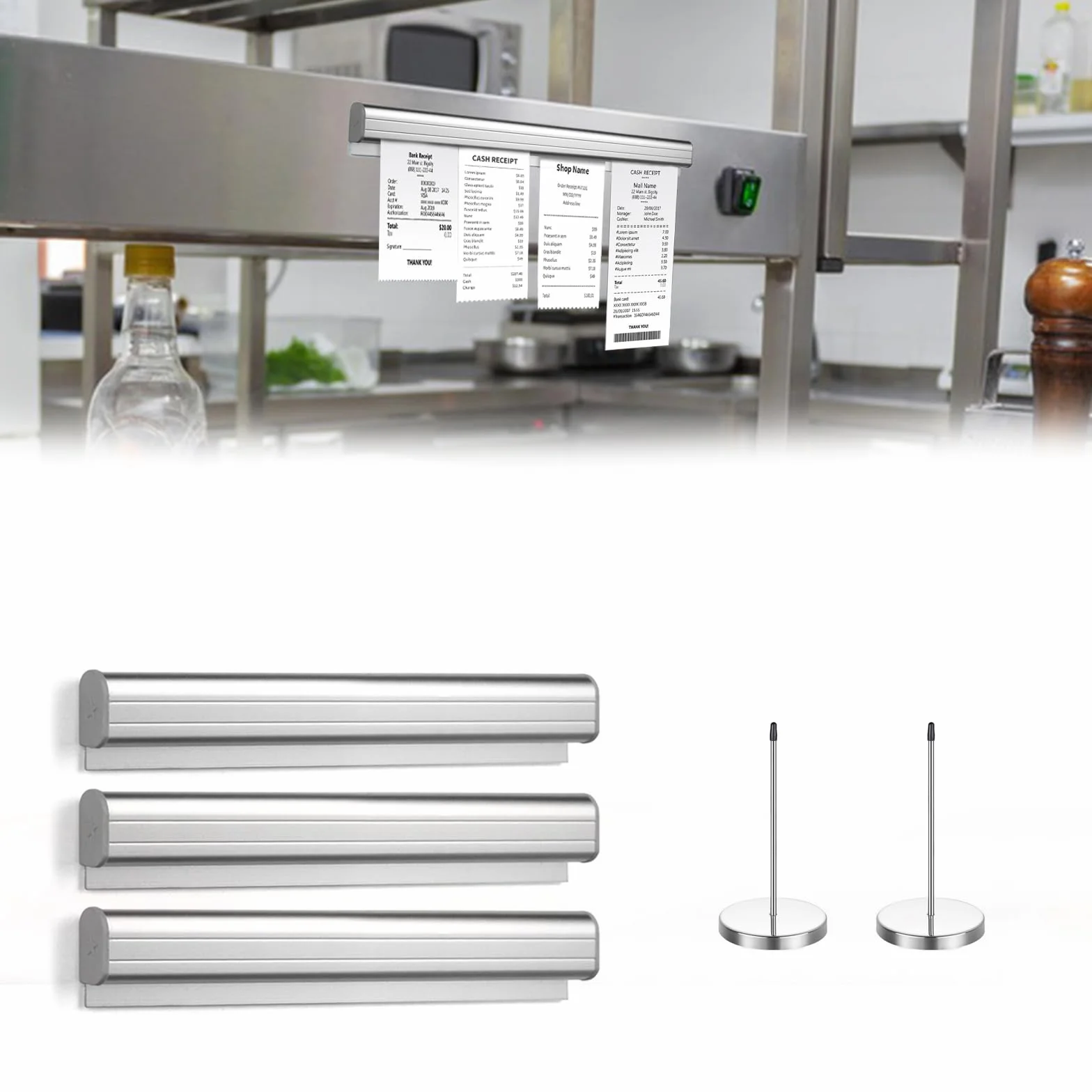 Soportes para Recibos de Pedidos de Aluminio 40 cm, Equipo de Oficina, 2 Soportes para Notas, Barra Recta