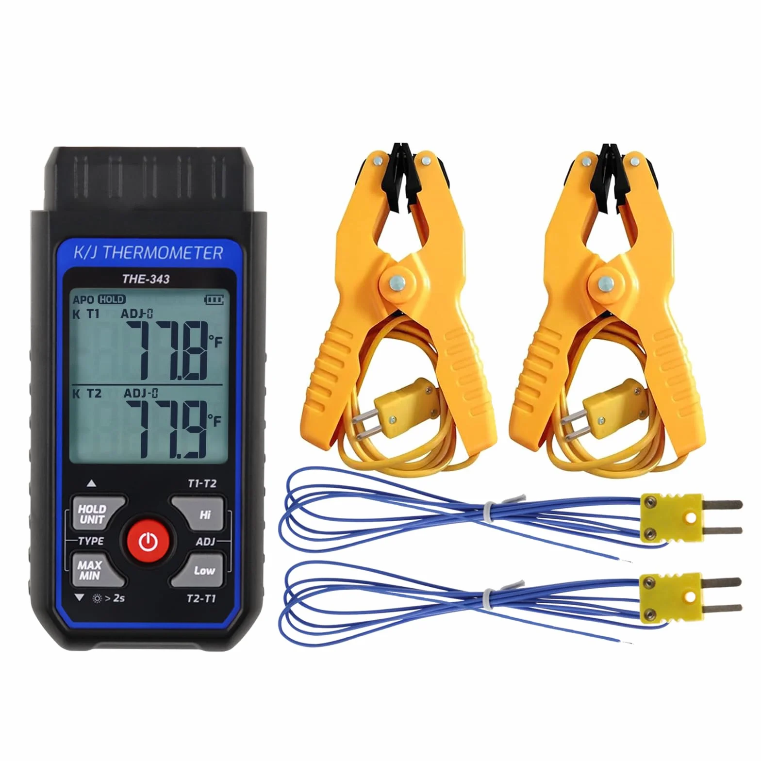 Termómetro Digital con Termopar, Medidor de Temperatura HVAC con 2 Pinzas de Temperatura y 2 Sondas de Termopar con Cable, Doble Canal con Alarma y Compensación ADJ (-328~2500 ℉)