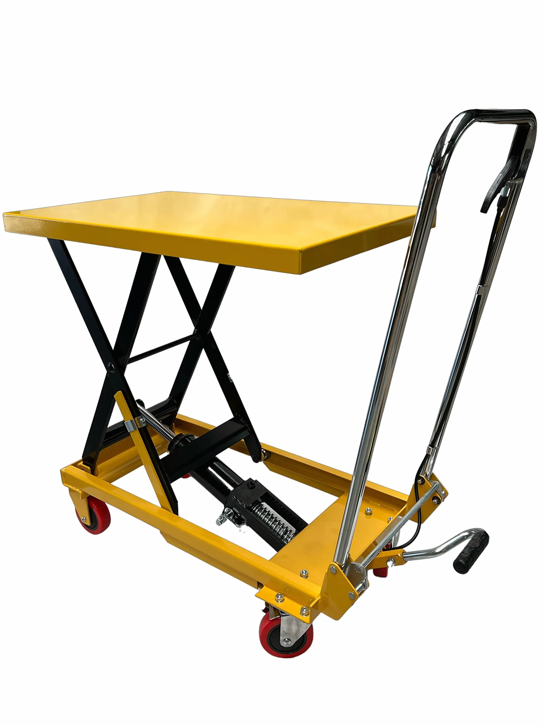 Kraftwelle Plataforma de elevación hidráulica con capacidad de carga de 150 kg, carretilla elevadora móvil con patas de tijera, carretilla de plataforma con 4 ruedas de poliamida amarillas
