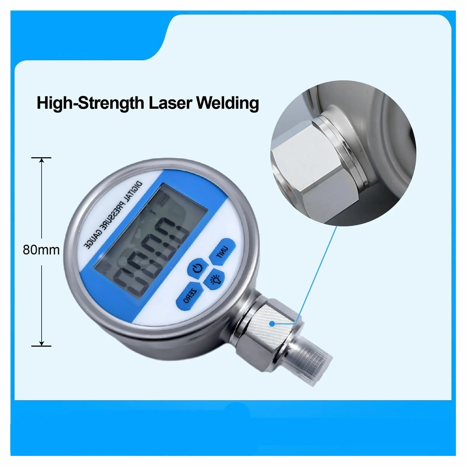 Manómetro Digital de presión YB80A, manómetro vacío precisión, Pantalla Alta, Sensor Acero Inoxidable Alimentado por batería(NPT1-2,0-100kpa)
