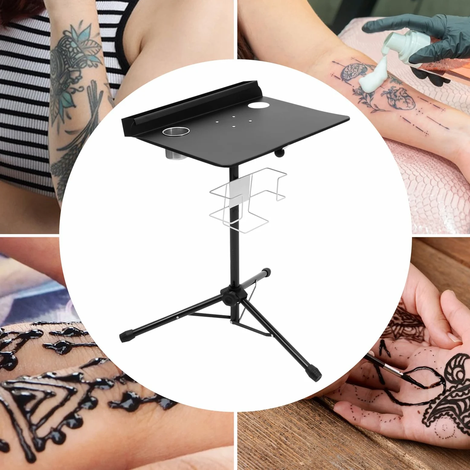 Banco de trabajo portátil para tatuajes, 61 – 107 cm, ajustable, profesional, con base de trípode y caja de almacenamiento, mesa para salones de belleza, tatuajes, manicura
