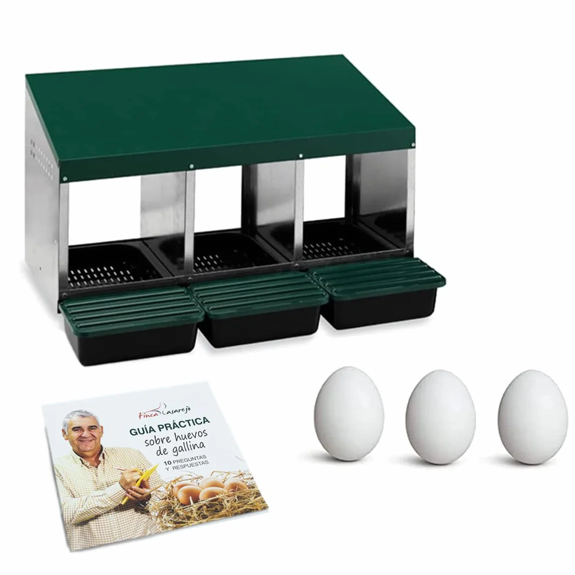 FINCA CASAREJO Nidal de 3 huecos para gallinas con 3 Huevos Falsos y Guía Práctica