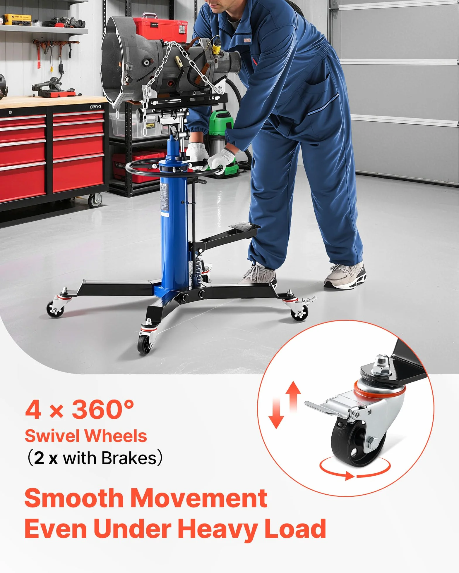 VEVOR Gato Hidráulico de Transmisión para Taller, con Capacidad de Elevación de 750 kg, con Pedal y Rueda Giratoria de 360°, Altura de Elevación de 88-176 cm, para Taller/Garaje, Azul y Negro