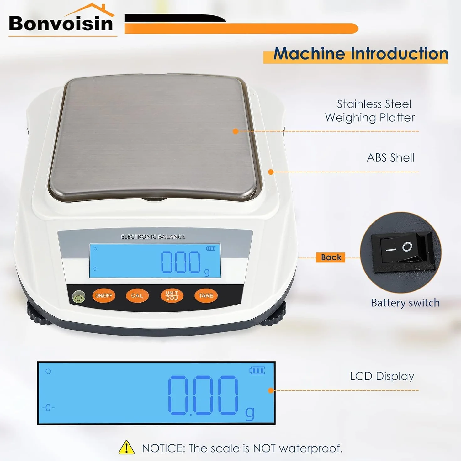 Bonvoisin Báscula analítica de 2000 g x 0,01 g, báscula de laboratorio de alta precisión con 17 unidades, función de conteo y calibración automática, placa de pesaje de acero inoxidable, doble