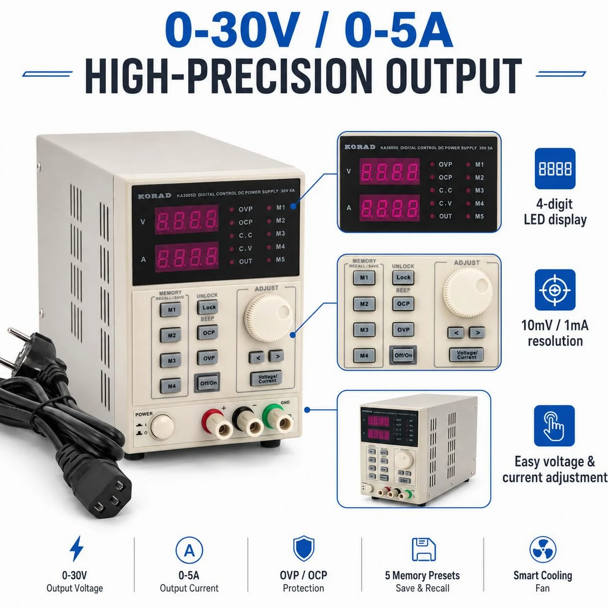 Alimentación de laboratorio ka3005d 0-30 V/0-5 A convertidor de tensión | Alimentación estabilizada e DC ajustable y programable con pantalla LED de 4 dígitos de alta precisión