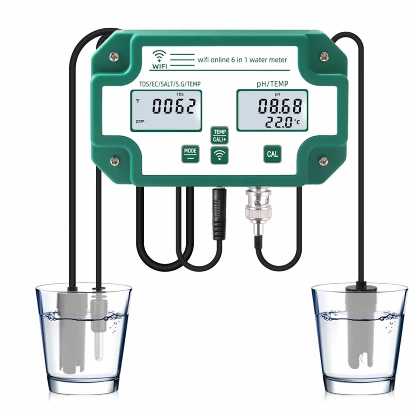 Medidor digital WiFi de pH, EC, TDS, sal, SG y temperatura, comprobador de calidad del agua, monitor inteligente multifunción 6 en 1, control por aplicación.,Análisis confiable