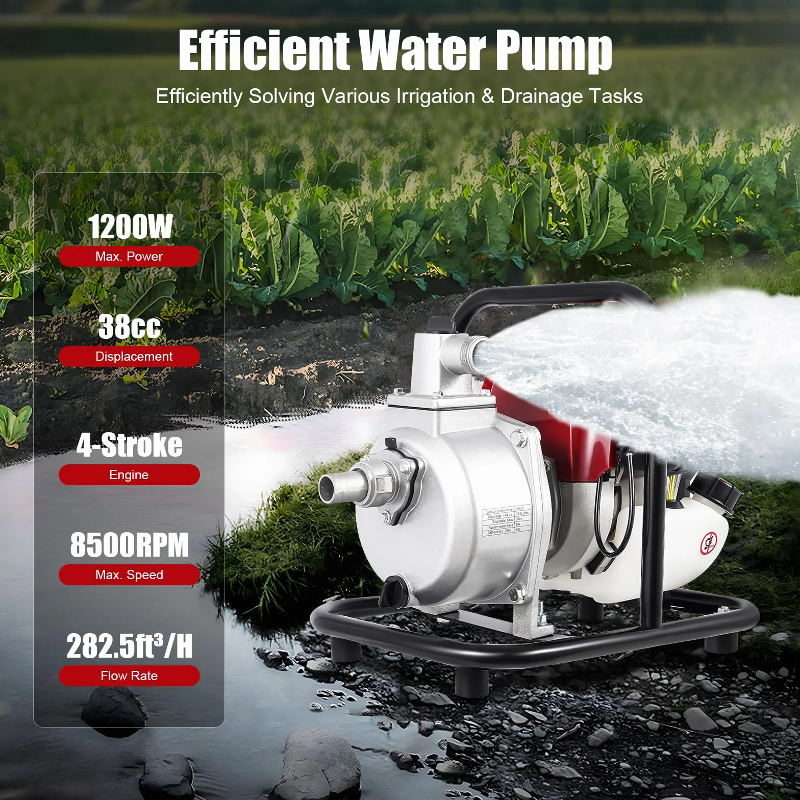 Bomba de agua de gasolina de 4 tiempos, 1200 W, 8500 rpm, gasolina 8000 l/h, caudal de motor, bomba de 30 m, altura de extracción, bomba de jardín, depósito de combustible 650 ml