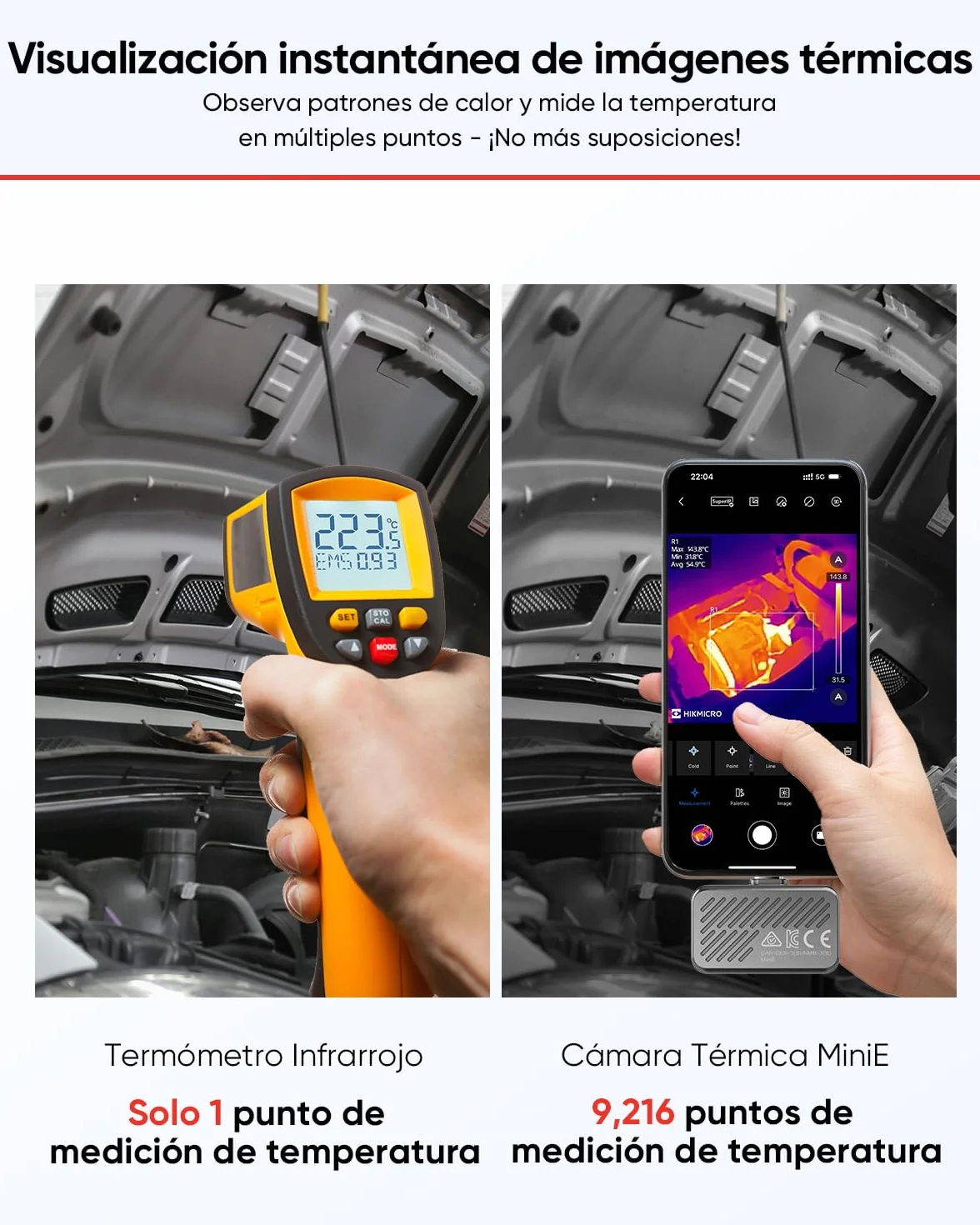 Cámara térmica HIKMICRO MiniE - iOS/Android, Mejora de imagen SuperIR, 25Hz, para móvil/tableta, USB-C/Lightning (compatible con iPhone 15/16)