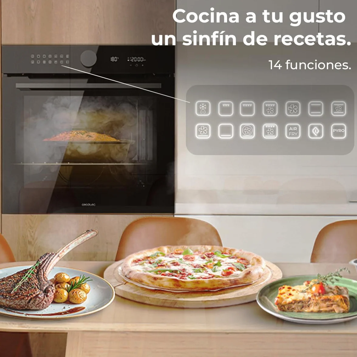 Cecotec Horno Integrable Pirolítico 73L Bolero Hexa P516000 Glass Black 3250W 14 Funciones Dual Display Airfryer Master Convección