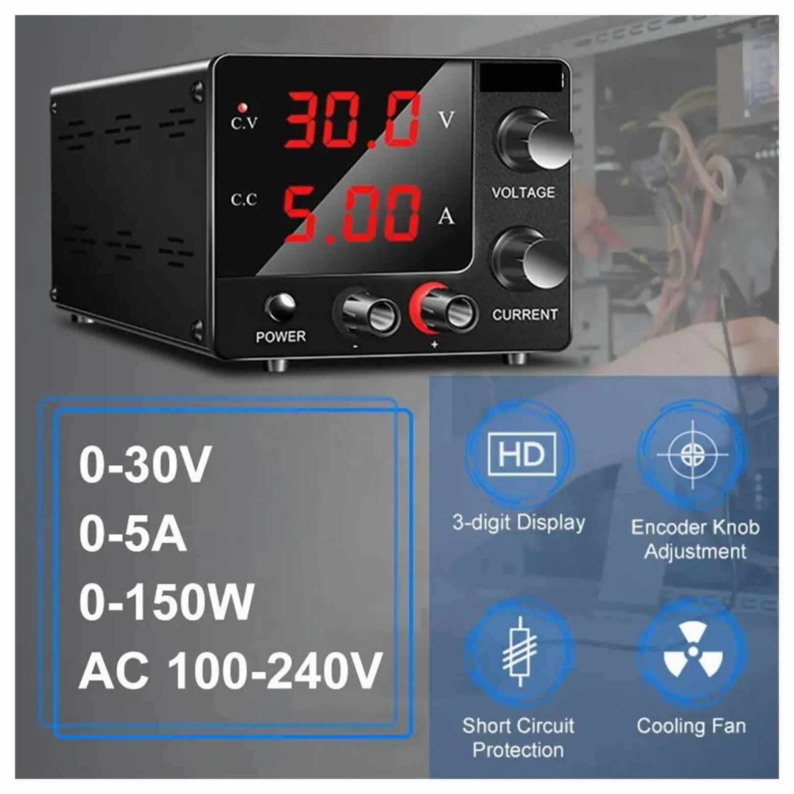 Fuente de alimentación de Laboratorio DC Variable 0-30V 0-5A Ajustable, Fuente de alimentación conmutada regulada, regulador de Voltaje para Banco de Trabajo de Mantenimiento (15V 10A)