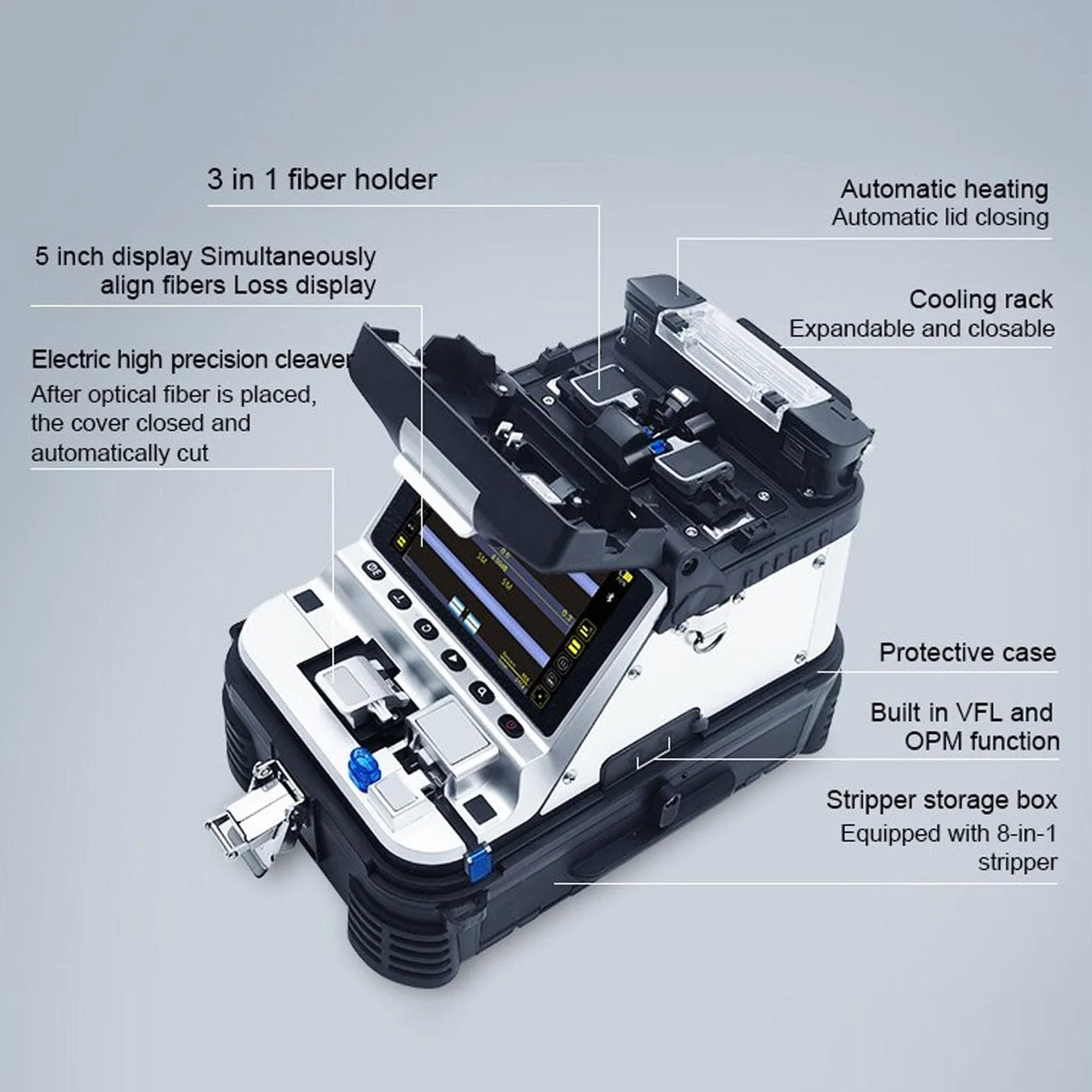 Empalmador de Fusión de Fibra óptica AI-10A, con Cuchillo de Corte Eléctrico de Alta Precisión Pelacables de Fibra óptica con Función VFL OPM, Empalme 5s Calefacción 15s (Enchufe
