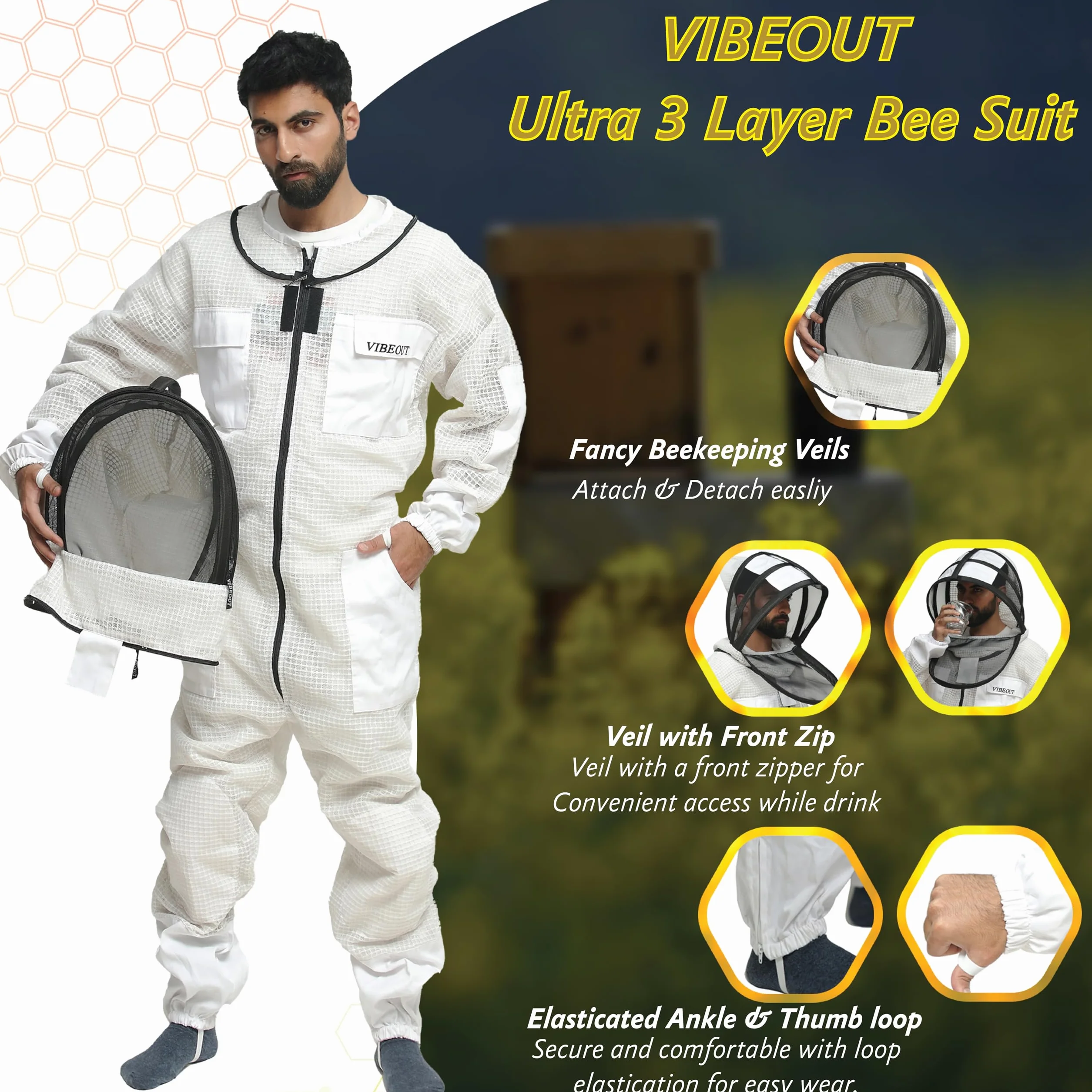 Traje de abeja Ultra ventilado 3 capas Premium Mesh Mono de apicultor Hombre Mujer Velo de esgrima Mono de apicultor anti picadura Profesional Traje de avispa Equipo de protección (Blanco, Large)