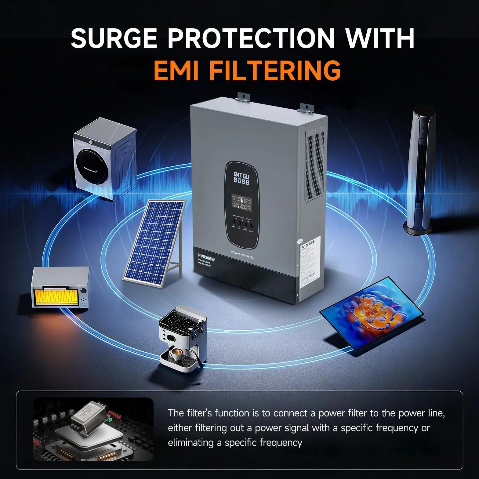 DATOUBOSS 6200W Inversor Híbrido Solar, Onda Sinusoidal Pura 48V a 230V, Controlador de Carga MPPT 120A, Uso Fuera de Red, Compatible con Baterías de Iones de Iitio, para Caravana y Sistemas Solares.