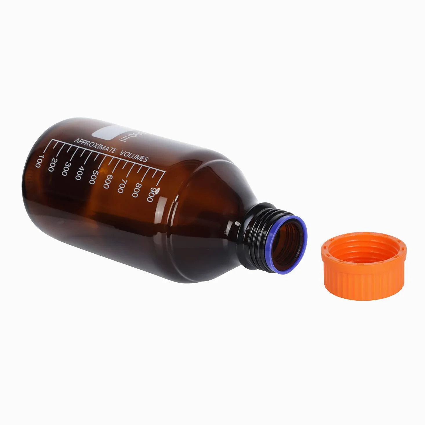Moonetto Paquete de 4 botellas de vidrio de borosilicato ámbar de 1000 ml de reactivo de laboratorio/botella de almacenamiento con tapón de rosca naranja GL45