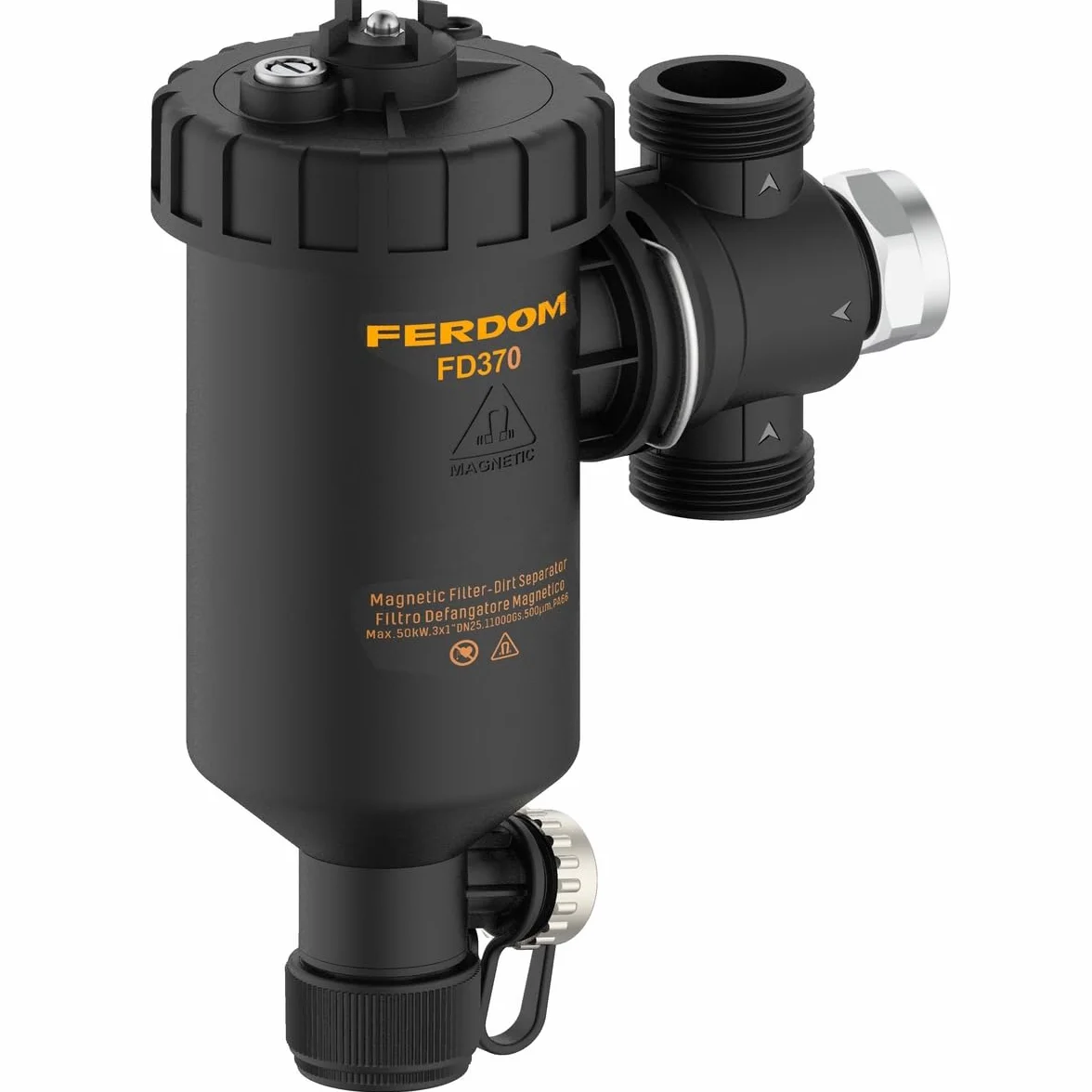 FERDOM FD370 MAXIM 1" (DN25) Filtro Magnético/Hidrociclón Para Sistemas De Calefacción. Imán 11000Gs. Separador De Partículas No Magnéticas - Acero Inoxidable 1000µm. Máx.50kW. 3 conexiones/rotación a