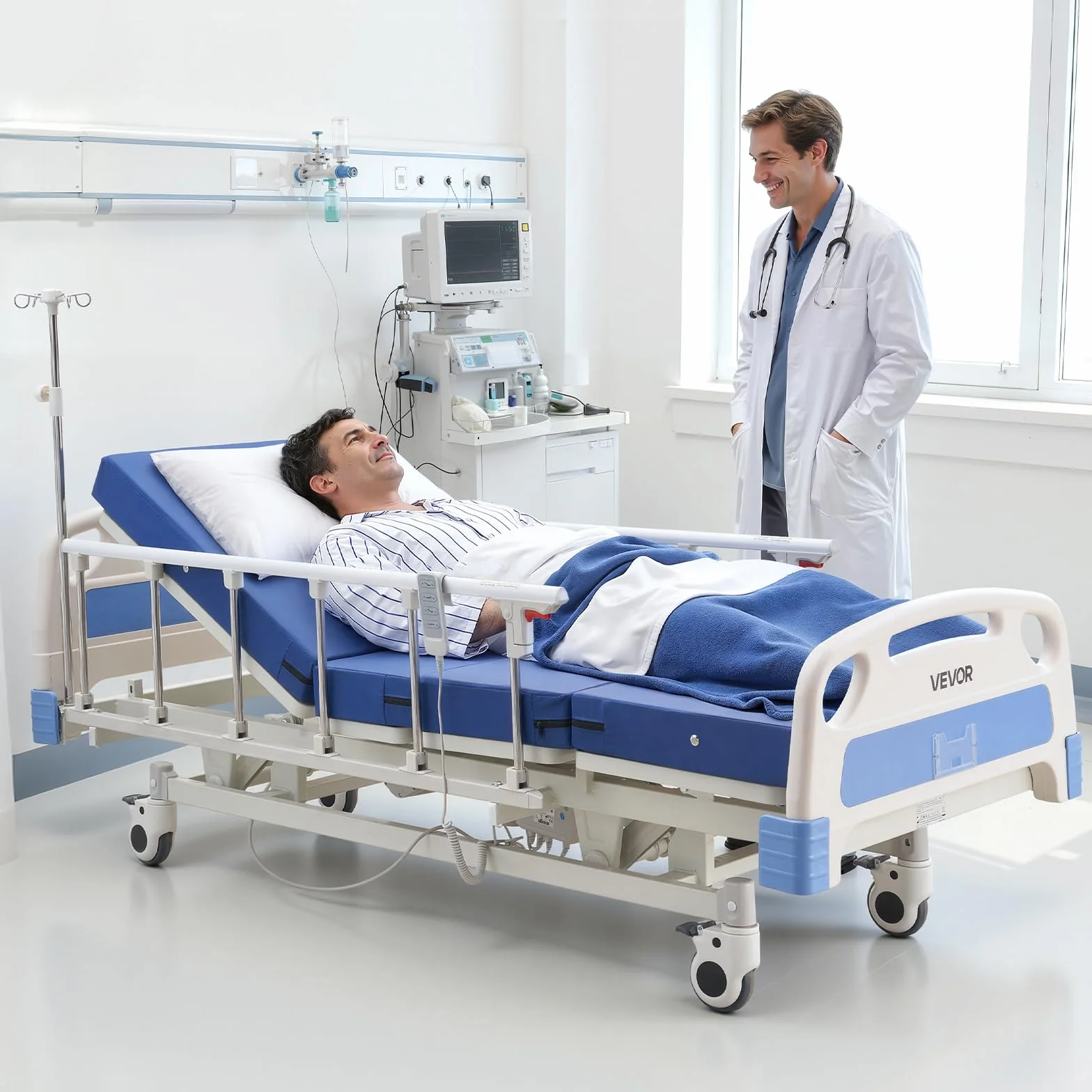VEVOR Cama de Hospital Eléctrica de 3 Funciones, con Respaldo, Reposapiernas y Ajuste de Altura, Ruedas con Bloqueo, Colchón de Alta Densidad para Hospitalización en Easa, Capacidad de 250 kg