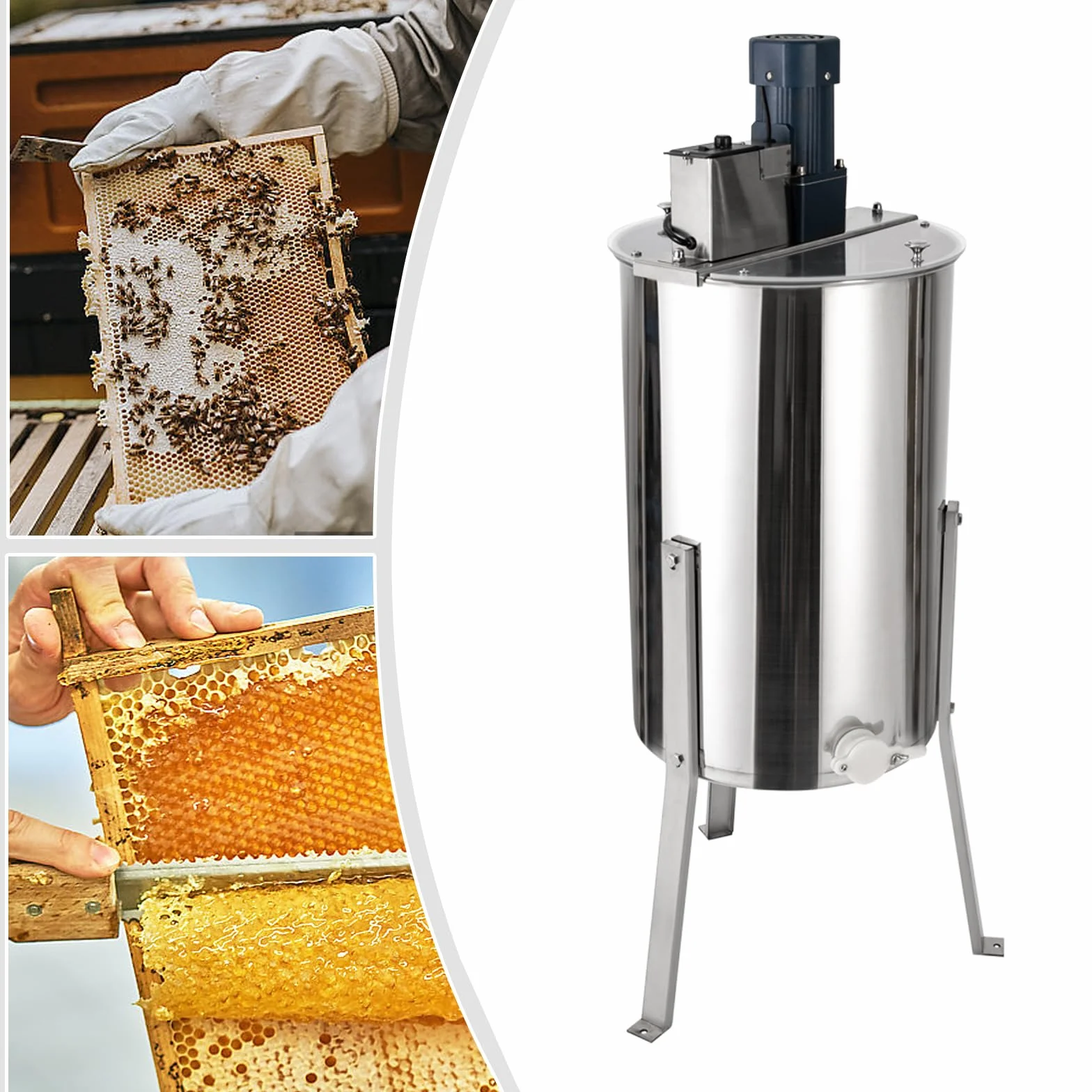 Extractor de miel eléctrico, 3 marcos, 140 W, 370 rpm, extractor de miel de acero inoxidable, 38 x 60 cm