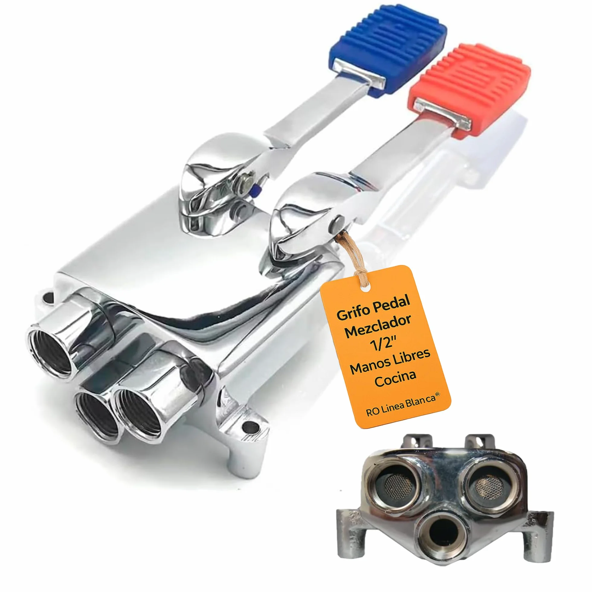 RO Linea Blanca ® Grifo Pedal Doble Mezclador Para Fregadero Agua Fria Y Caliente Acero Inoxidable Entradas Y Salida 1 2 Hembra Montaje En Suelo Bajo Fregadero Ahorro Agua Manos Libres Hosteleria