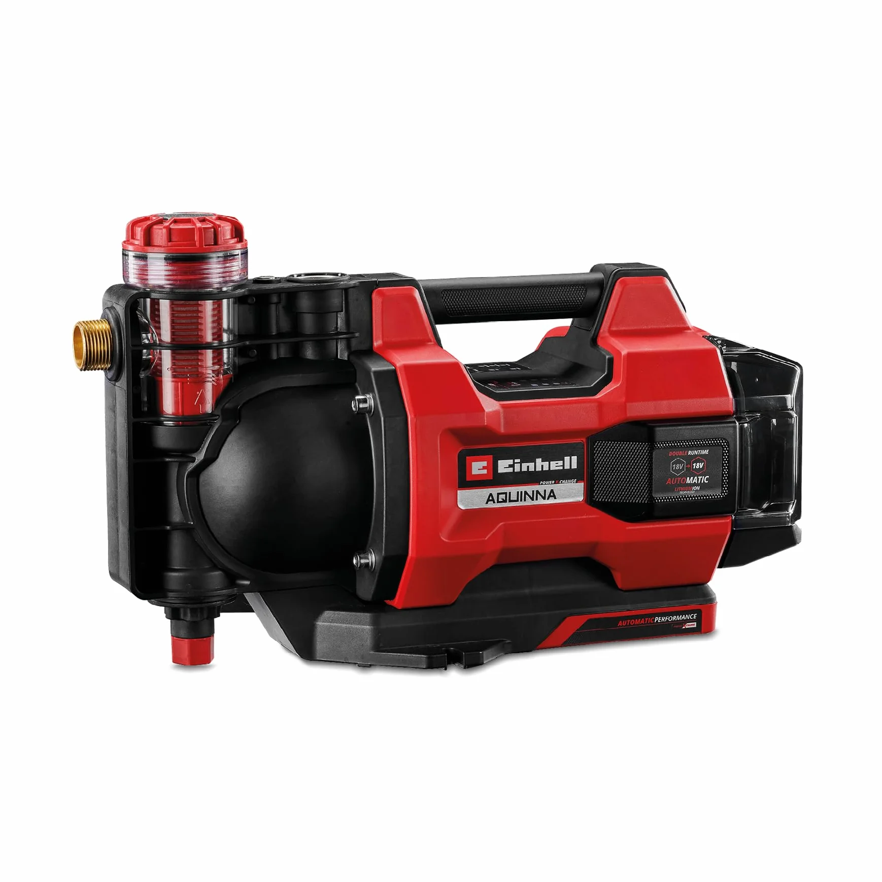 La bomba de jardín automática con batería AQUINNA 18/30 F LED AUTOMATIC de Einhell Power X-Change (18 V, máx. 3000 l/h, altura de impulsión máx. 28 m, función automática, 2 ranuras, sin batería)