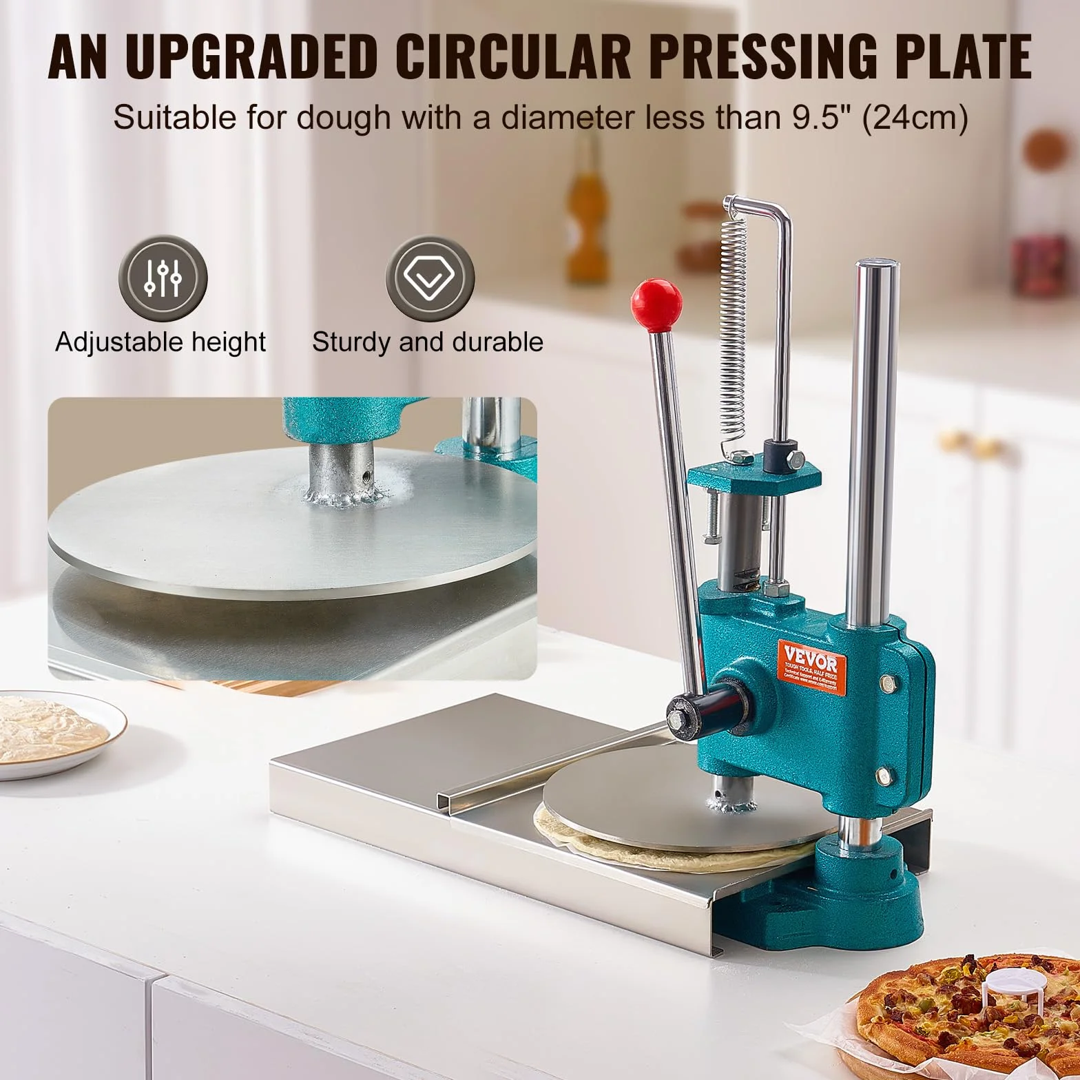 VEVOR Prensa de Pasta Máquina de Pizza Manual Diámetro de 24cm con Bandeja de Acero Inoxidable Formadora de Pizza Doméstica Altura Ajustable para Tartas Tortillas Panes Pizzerías Panaderías Cafeterías