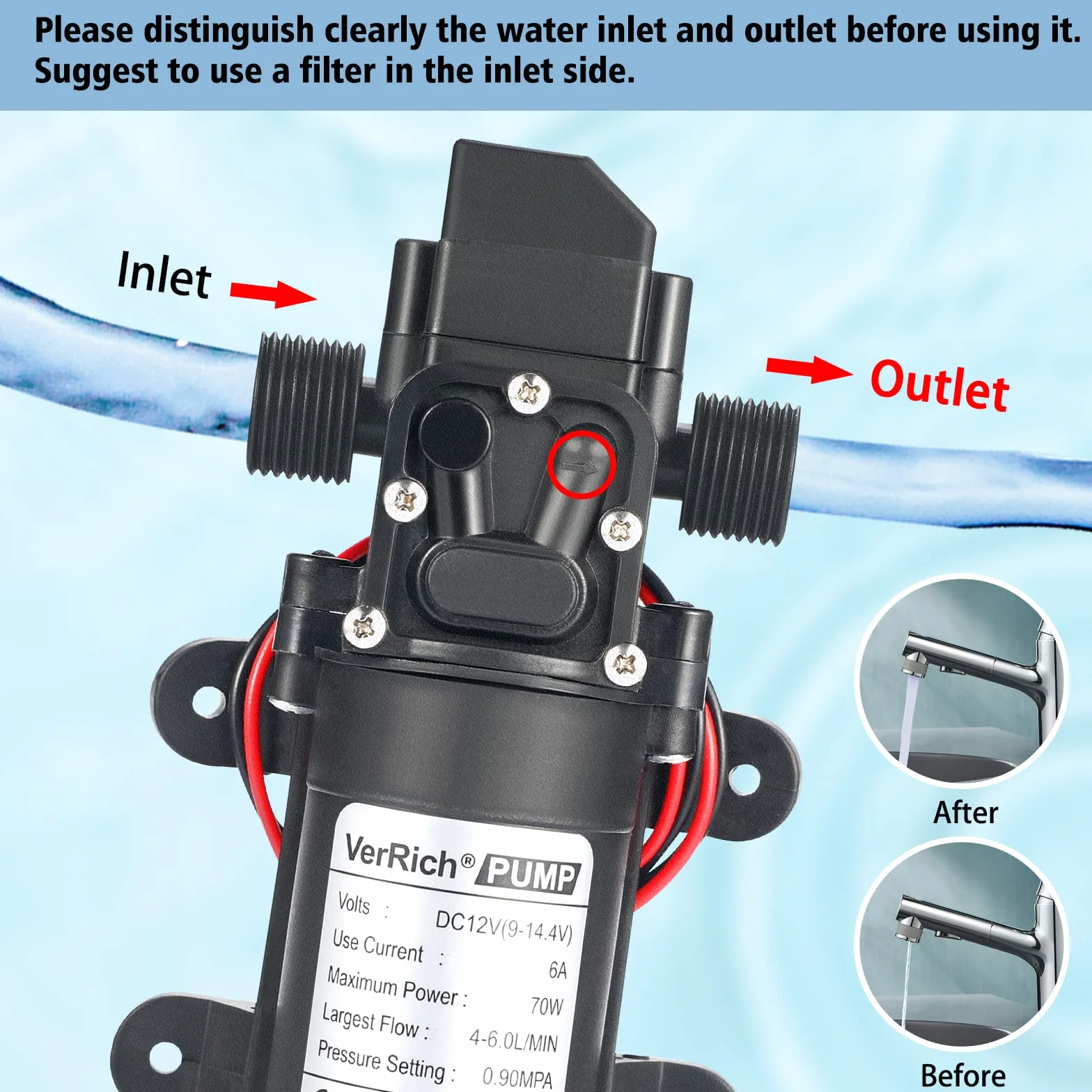 VerRich G1/2 pulgadas 20 mm 12 V bomba de diafragma de alta presión para grifo de agua autocaravana