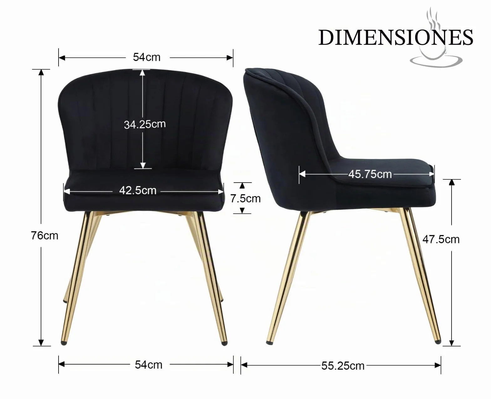 chairus Juego de 2 Sillas de Comedor de Terciopelo Sillas de Cocina Minimalista con Patas Doradas, Silla Lateral sin Brazos para Casa/Restaurante, Negro