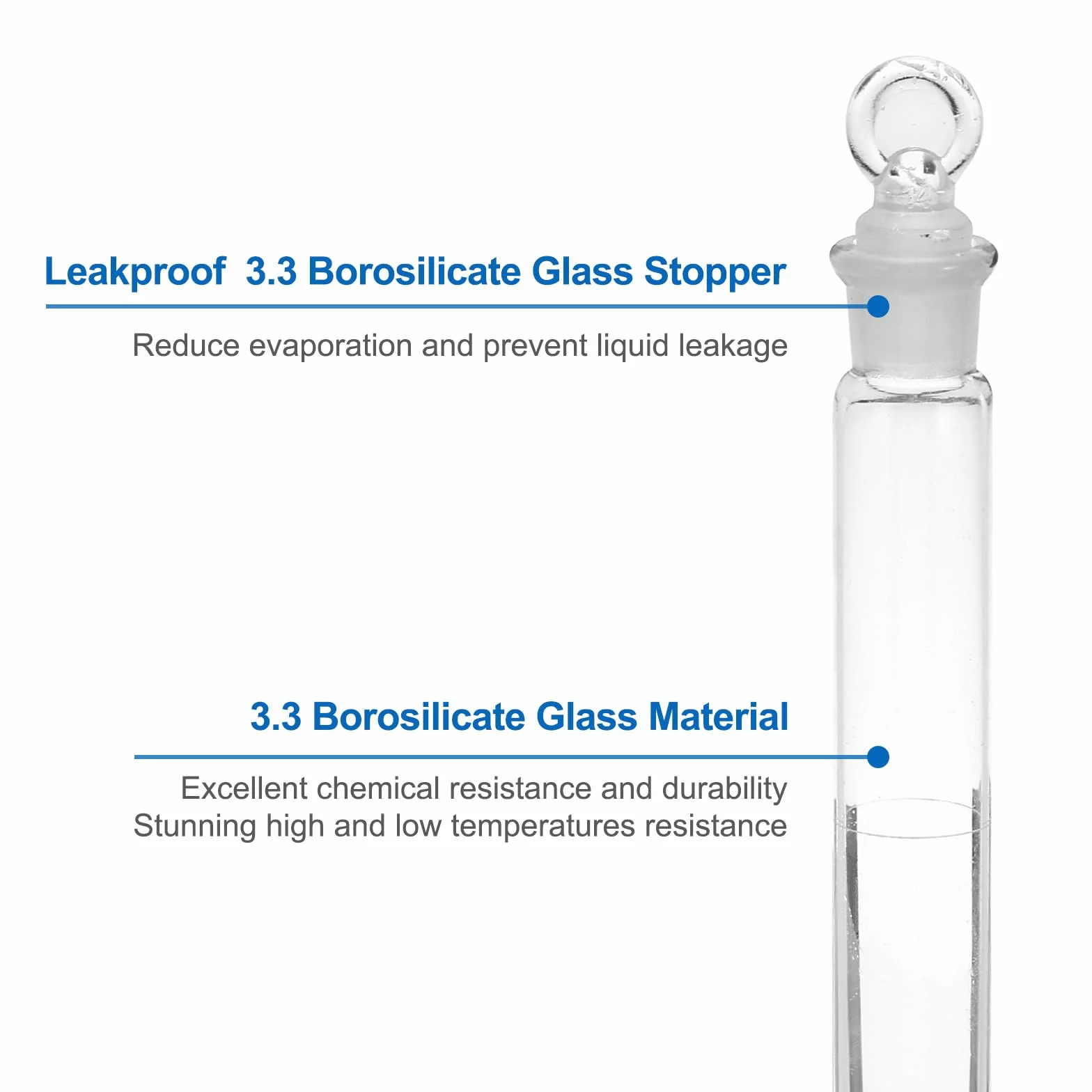 Matraz Volumétrico de 250 ml, Vidrio Borosilicato 3.3 con Tapón, Graduado Transparente