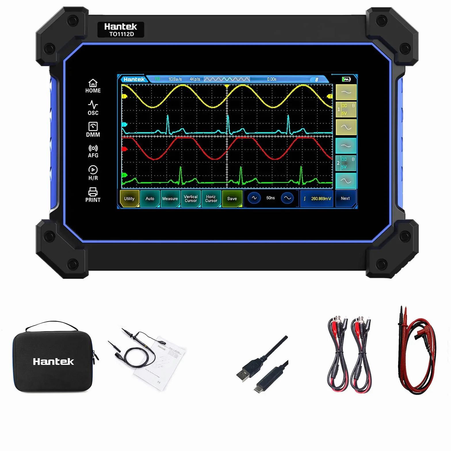 Hantek TO1112D Pantalla táctil Digital Osciloscopio 2 canales 110Mhz Hanheld Tableta Digital Osciloscopio +Fuente de señal +Multímetro