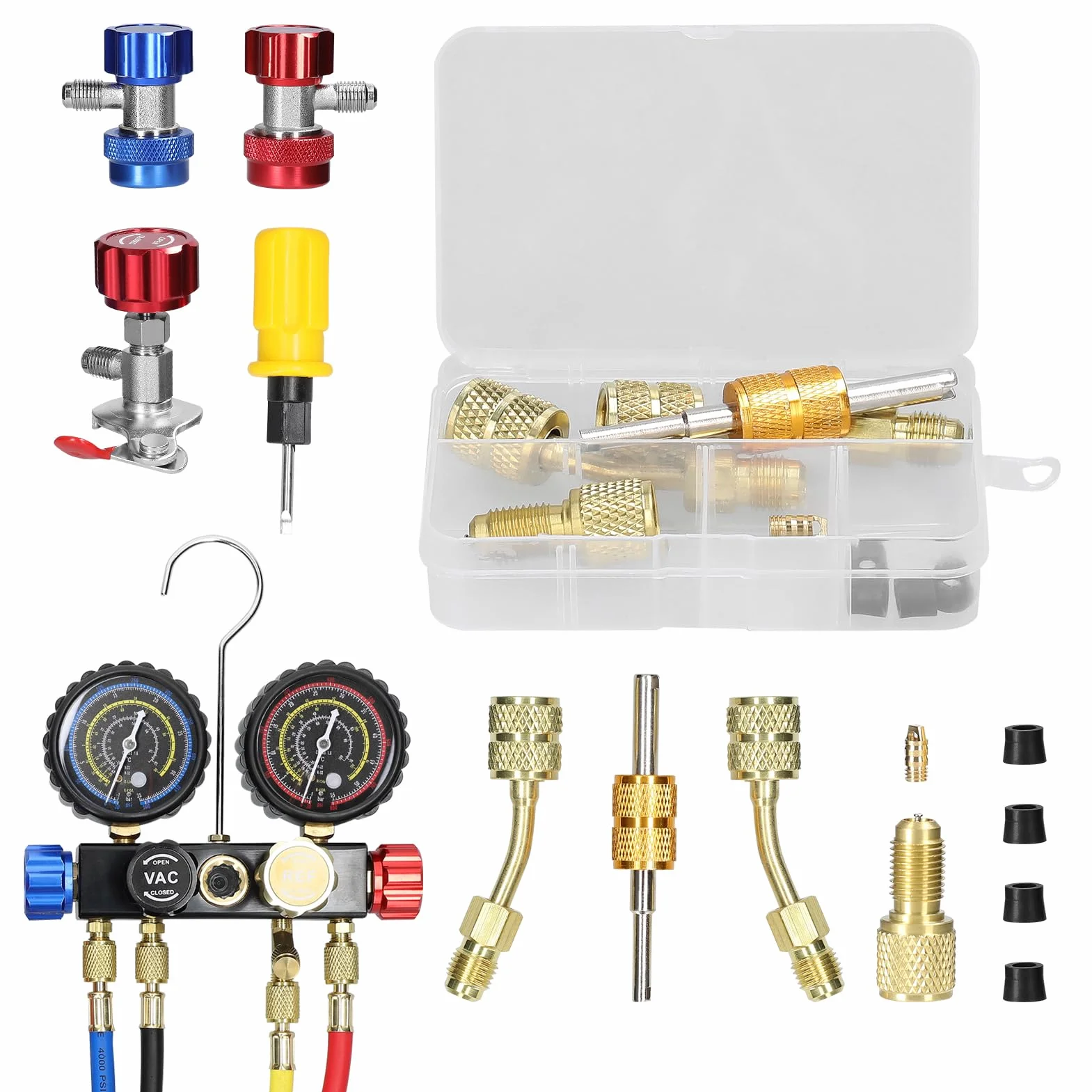 Refrigerante Manifold Gauge Set, Weytoll Juego de Manómetros para Aire Acondicionado, Adaptadores de Acoplamiento Rápido de Latón para Refrigerante R22/R134a/R410a