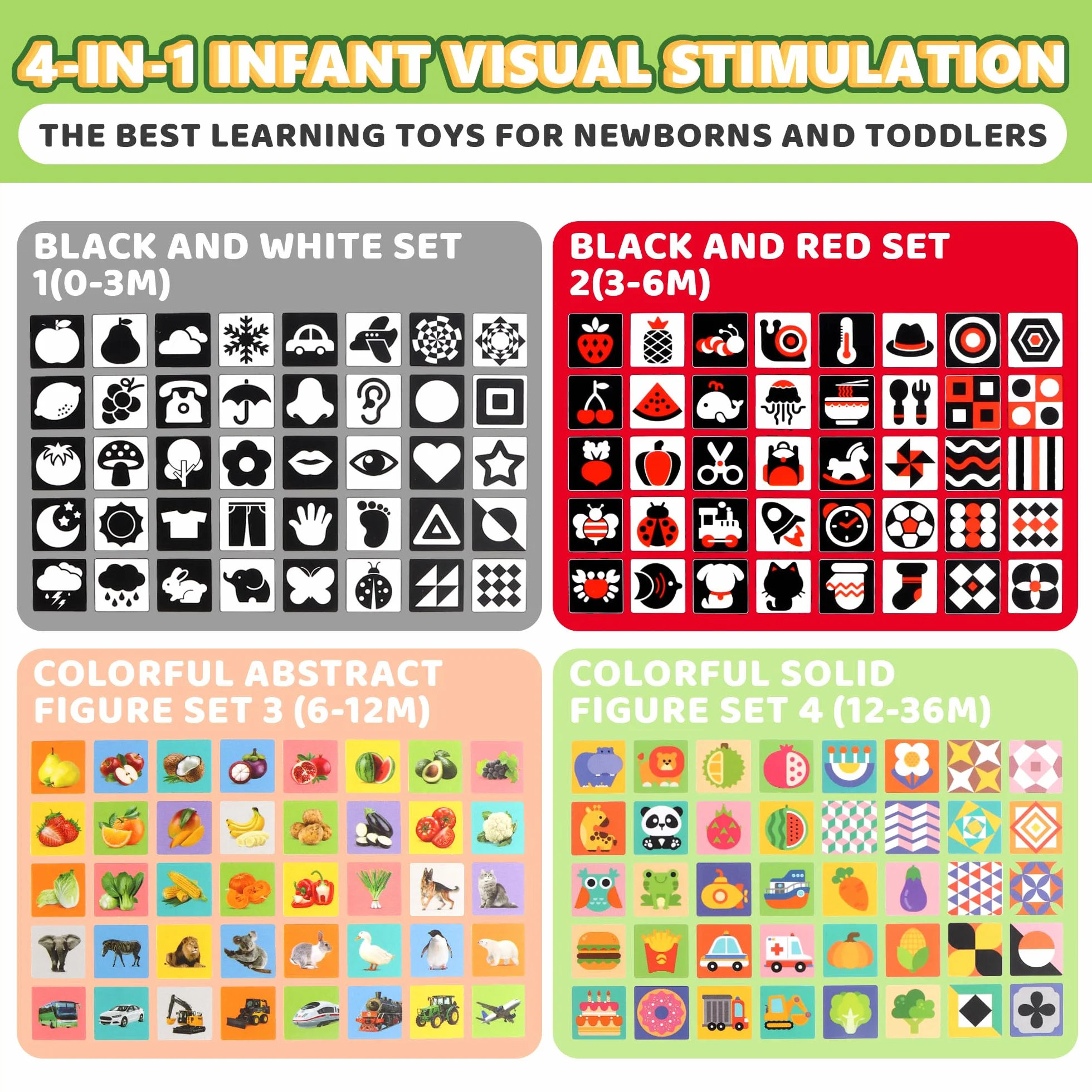 Tarjetas de Estimulación Visual Bebé 80 Piezas Blanco y Negro Alto Contraste 0-36 Meses