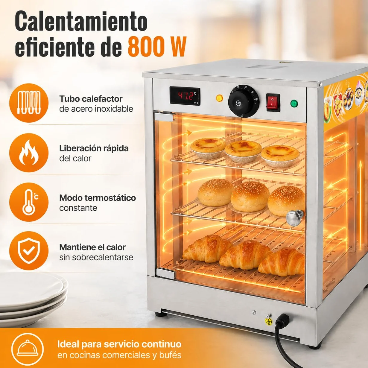 800 W - Vitrina para mantener el calor (3 niveles, 30-85 ℃, con función termostática, 220 V, 37,5 x 35,7 x 47,5 cm)