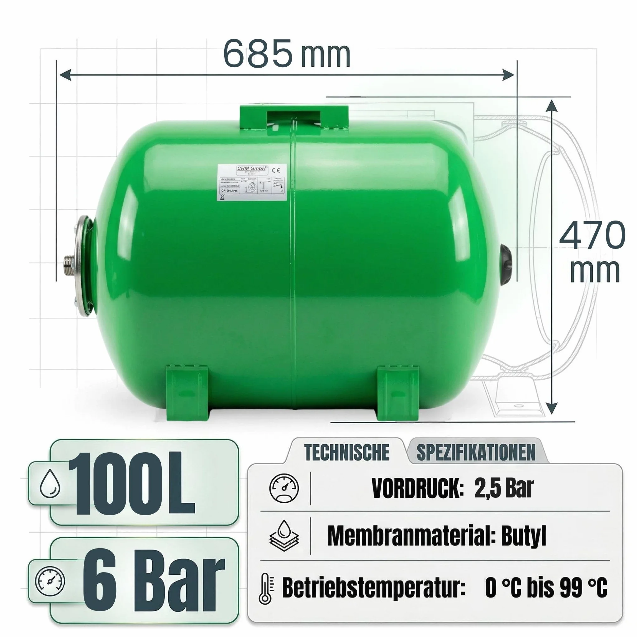 Caldera de membrana 100 l máx. 6 bar. Depósito de acero a presión