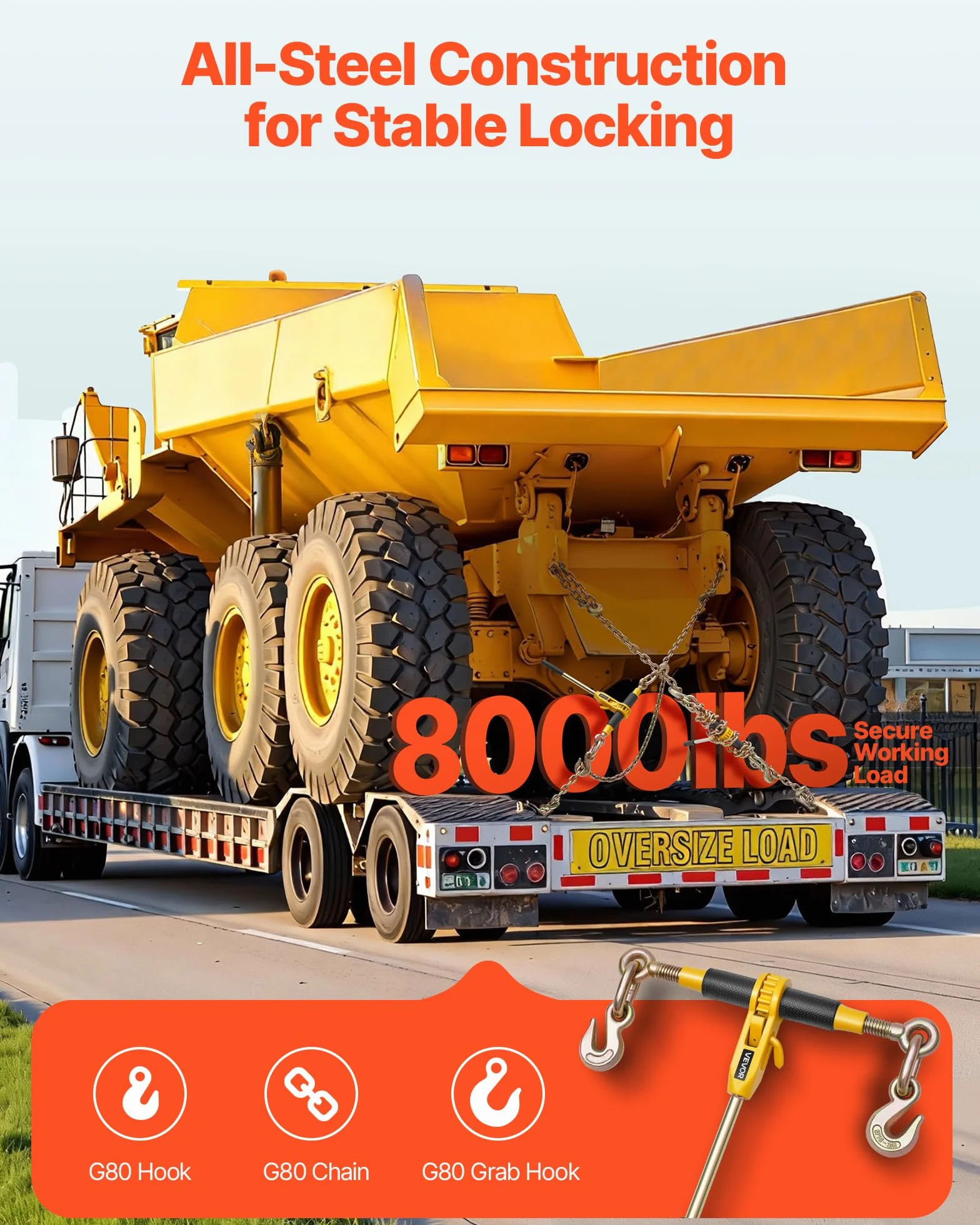 VEVOR Cadena Tensora con Trinquete, Juego de 2, Capacidad 3629 kg con Cadena 8 mm x 3,9 m Compatible 8 a 10 mm, Tensor de Cadena con Trinquete y Ganchos Ajustables para Amarre de Carga Camión Remolque