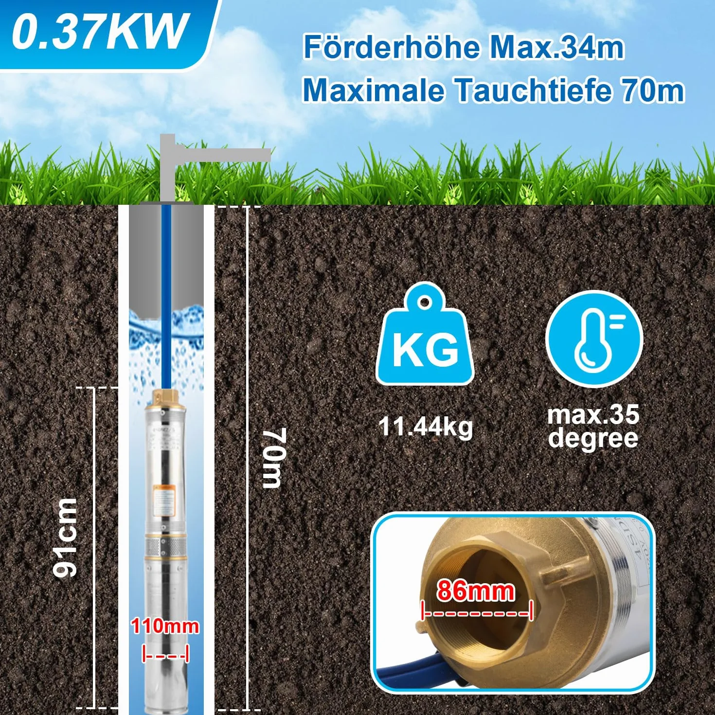 Bomba de pozo profundo de 370 W, 4000 l/h, bomba de pozo de 693 mm, bomba de agua de acero inoxidable, presión de 3,4 bar, altura máxima de extracción de 34 m, máx. 35 °C