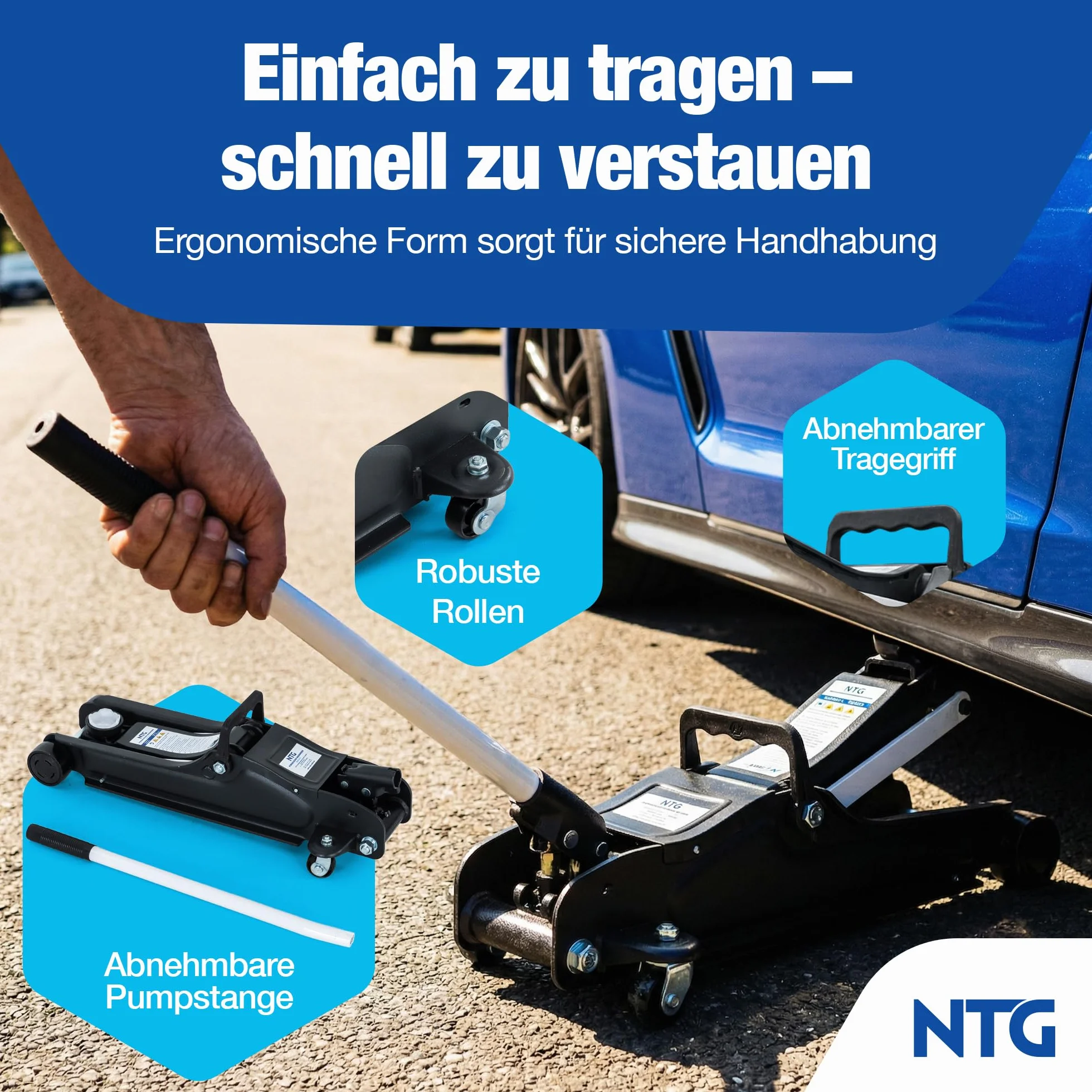 Gato hidráulico 2,5T certificado TÜV (85-375 mm altura de elevación) – Gato hidráulico profesional plano para coches bajos, elevador NTG (+ revestimiento de goma con ranura)