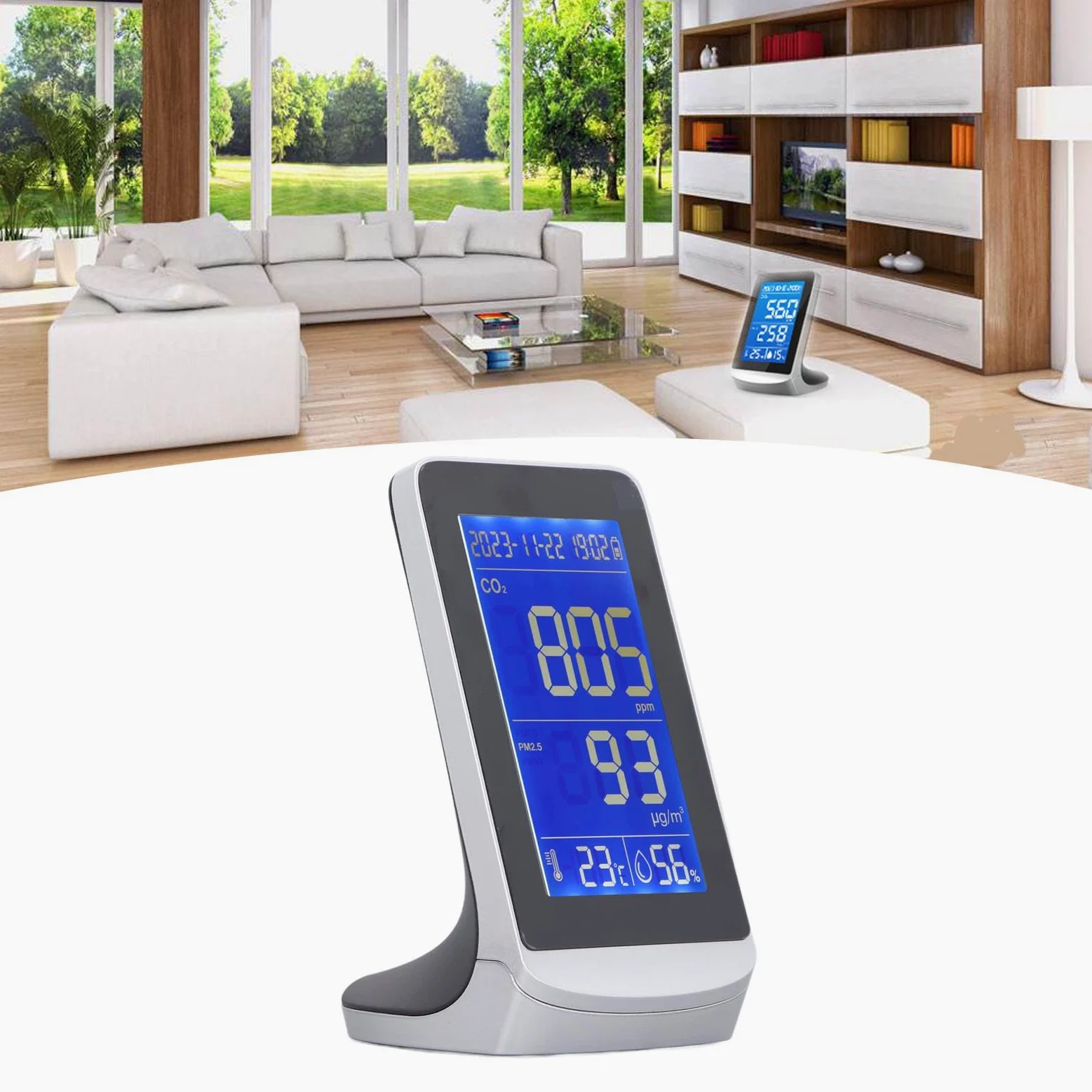 Monitor de calidad del aire con sensor infrarrojo NDIR, detector de partículas PM2.5/PM10, medidor de temperatura y humedad con batería de 3000 mAh para espacios