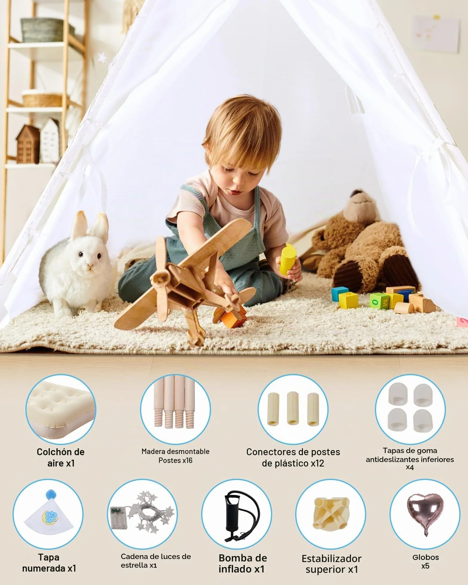 Tipi Infantil Tienda Campaña con Colchón Inflable Luces Globos Bomba Lavable Fiesta Pijamas Interior Exterior Niños Niñas Casa Juego Dormir