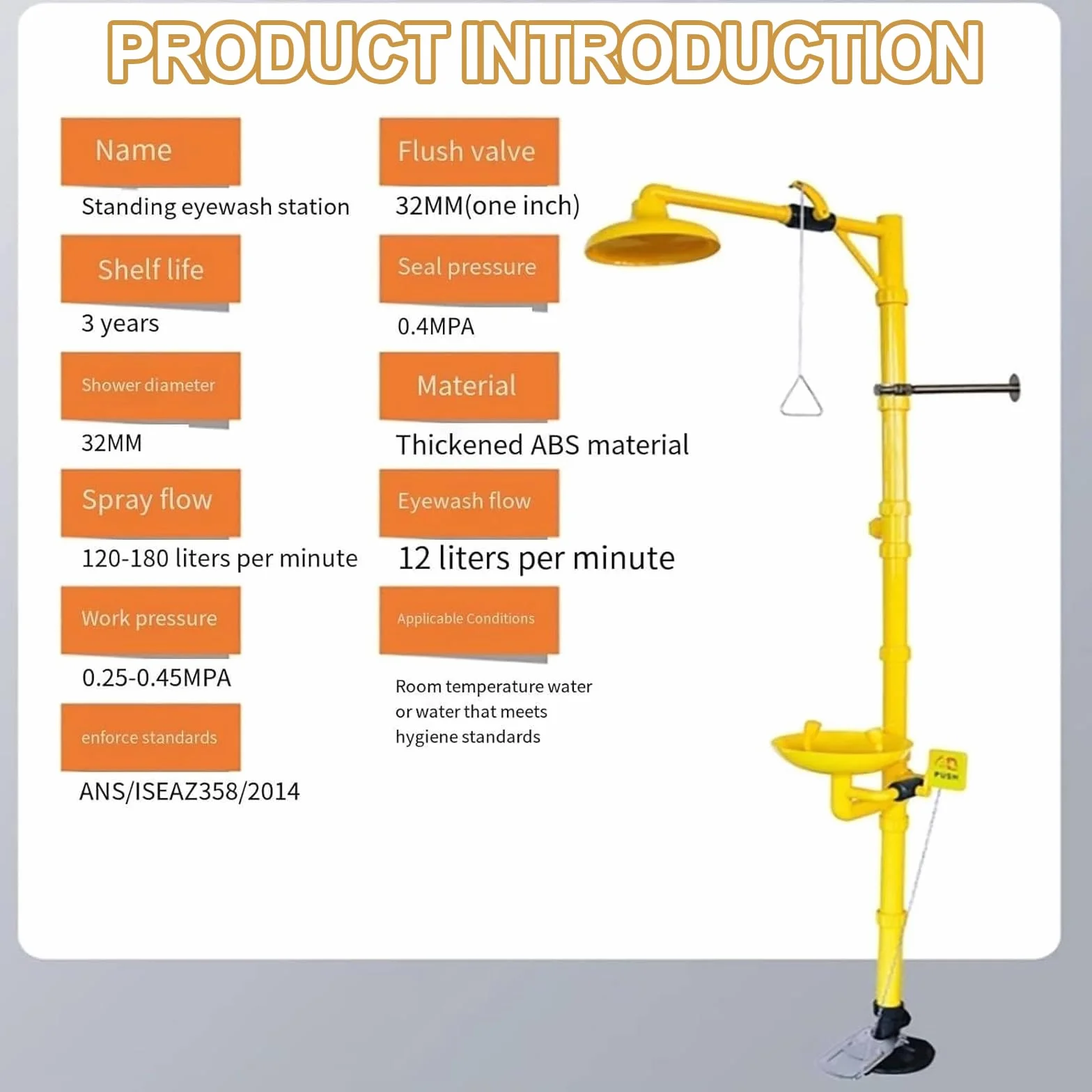 Estación de lavado de ojos de emergencia, ducha de seguridad con pedal con kit combinado, construcción de acero inoxidable, incluye señal de emergencia