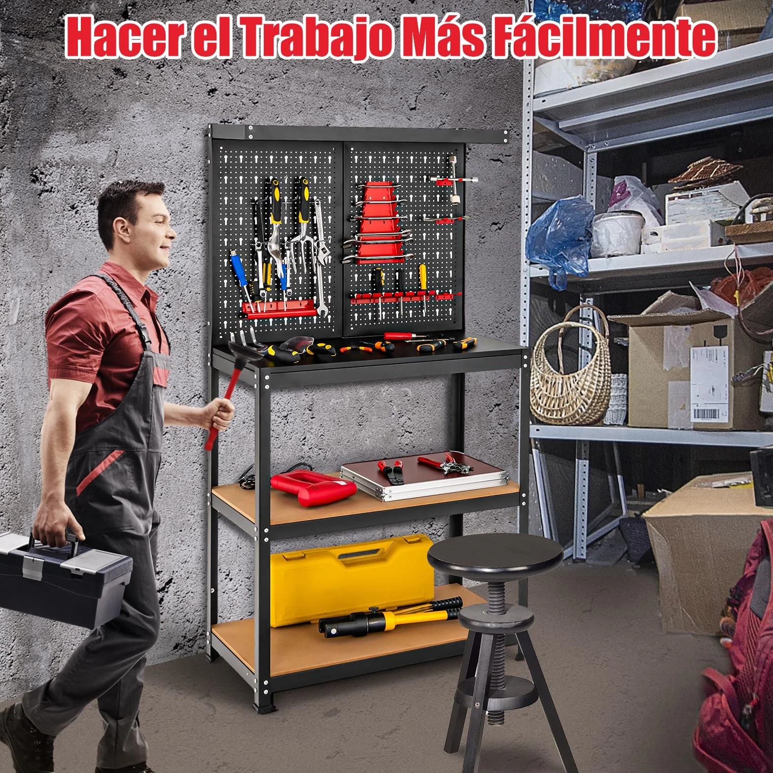 Banco de Trabajo Taller GYMAX, Capacidad Carga 100 kg, Mesa con Pared Perforada, 13 Accesorios, Negro