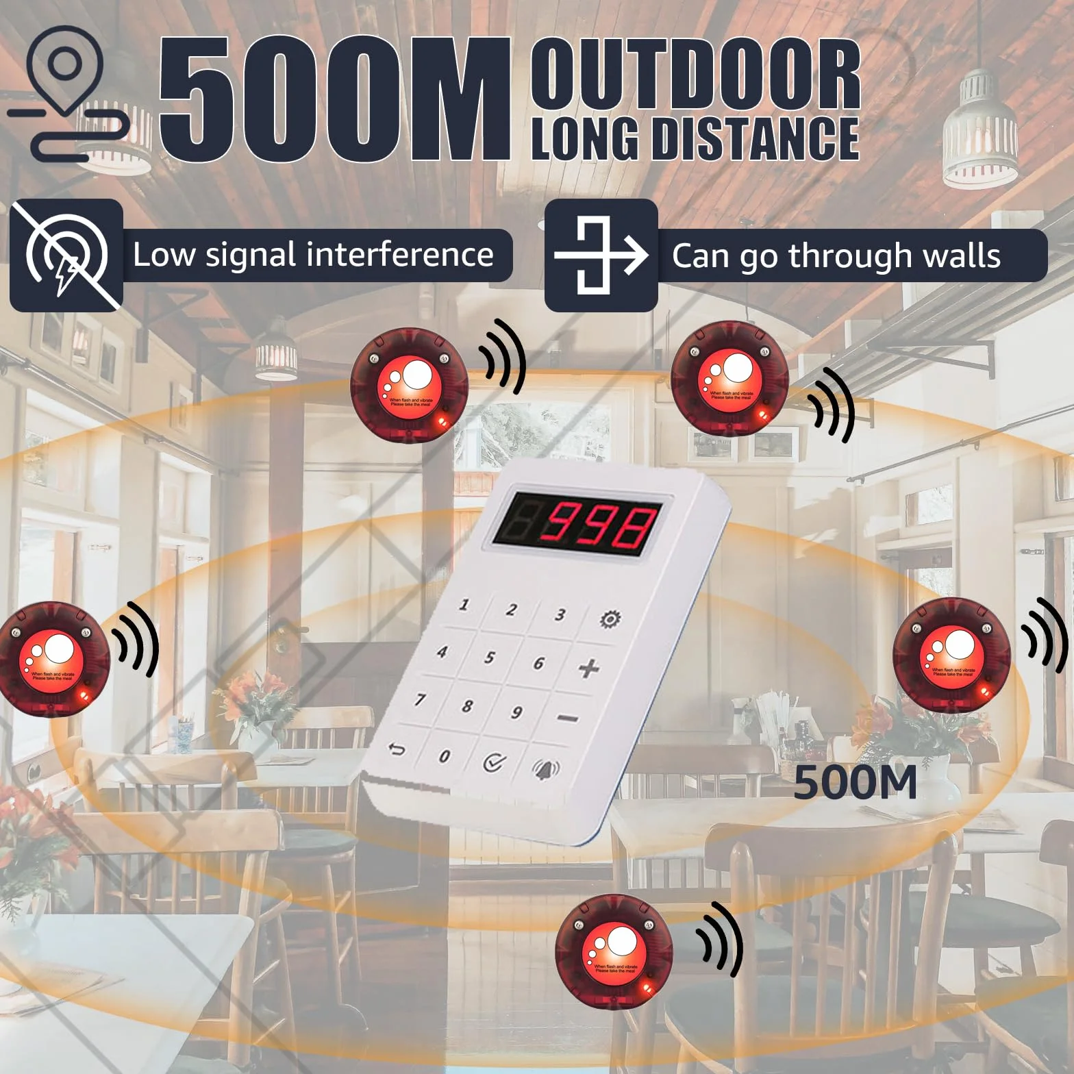 Retekess TD158 Sistema de Llamadas, 30 Buscapersonas, Exterior 500M, Tubo Digital LED, Material PC Transparente, Batería 300 mAh 20H, Avisador Clientes para Patios de Comidas, Centros Comerciales