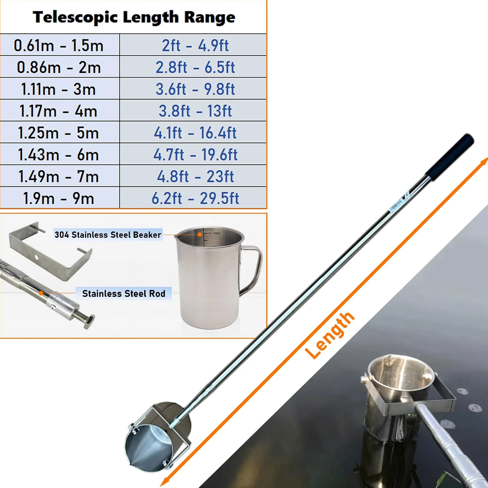 Juego de muestras de agua con poste telescópico, vaso de muestras de péndulo, doble escala, acero inoxidable 304 para estanques, lagos, ríos, pruebas de alcantarillado