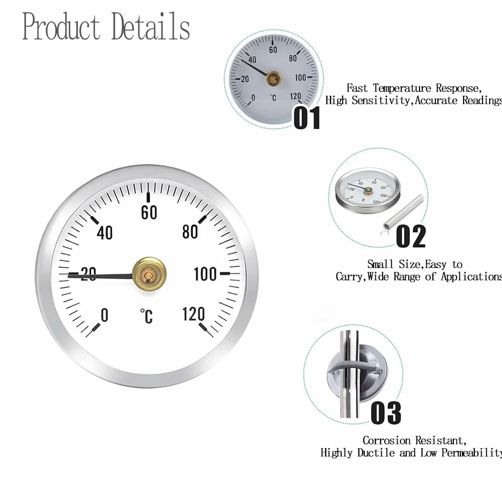 Termómetro Clip On Tubo Calentador 0-120 ℃ 63mm, Indicador Temperatura con Resorte