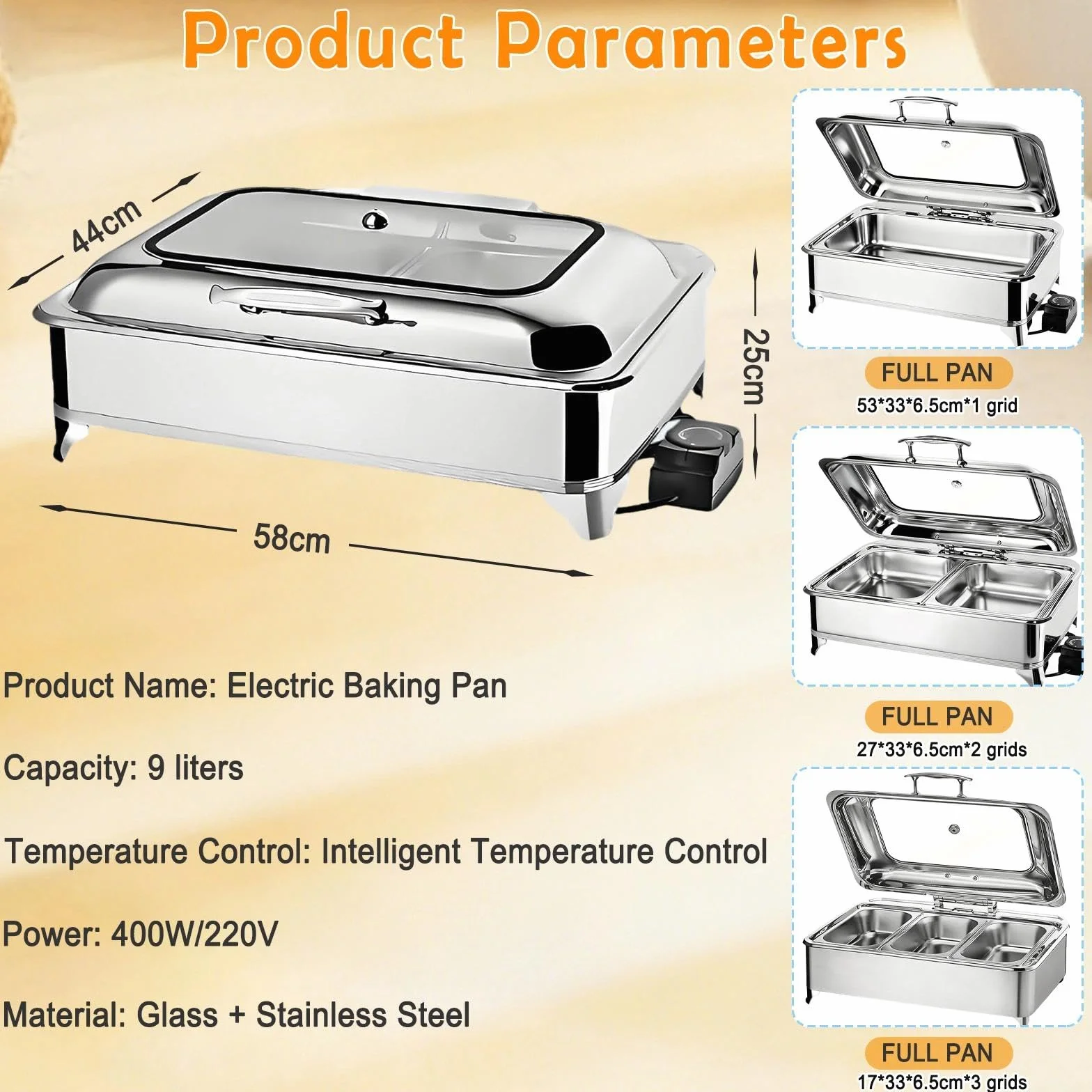 Chafing Dish Eléctrico 9L Acero Inoxidable con Tapa Transparente, Calentador de Comida para Buffet y Fiestas (1/2 Pan)