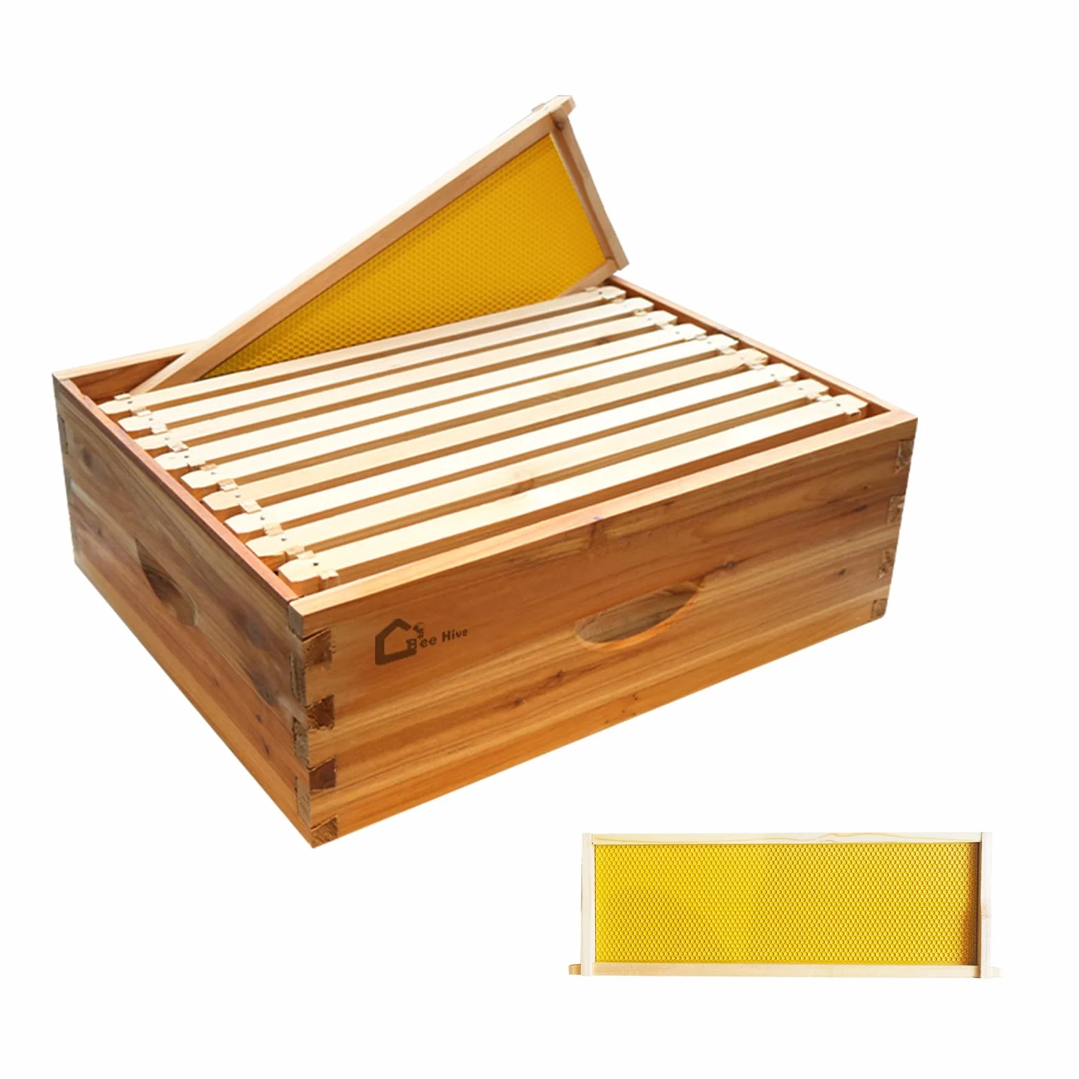 Kit de inicio de colmena, caja de núcleo con 10 panales medianos, colmena de madera maciza con marco de madera y base encerada, caja de colmena sostenible suministros de apicultura, colmena 100%