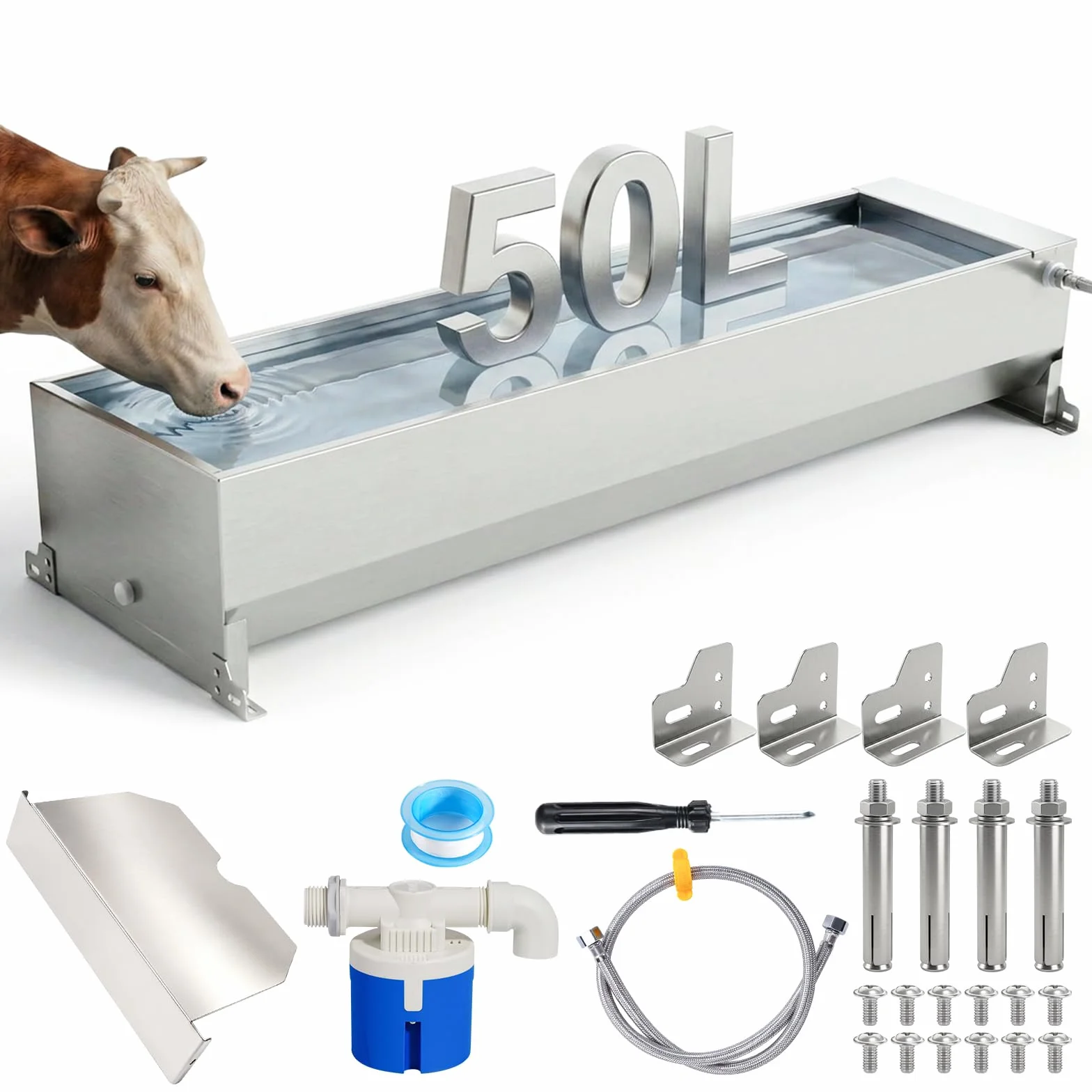 Bebedero Automático 50L Acero Inoxidable, Bebedero Exterior Gran Capacidad con Válvula de Flotador, Dispensador de Agua para Caballos, Vacas, Cerdos, Cabras y Perros Grandes
