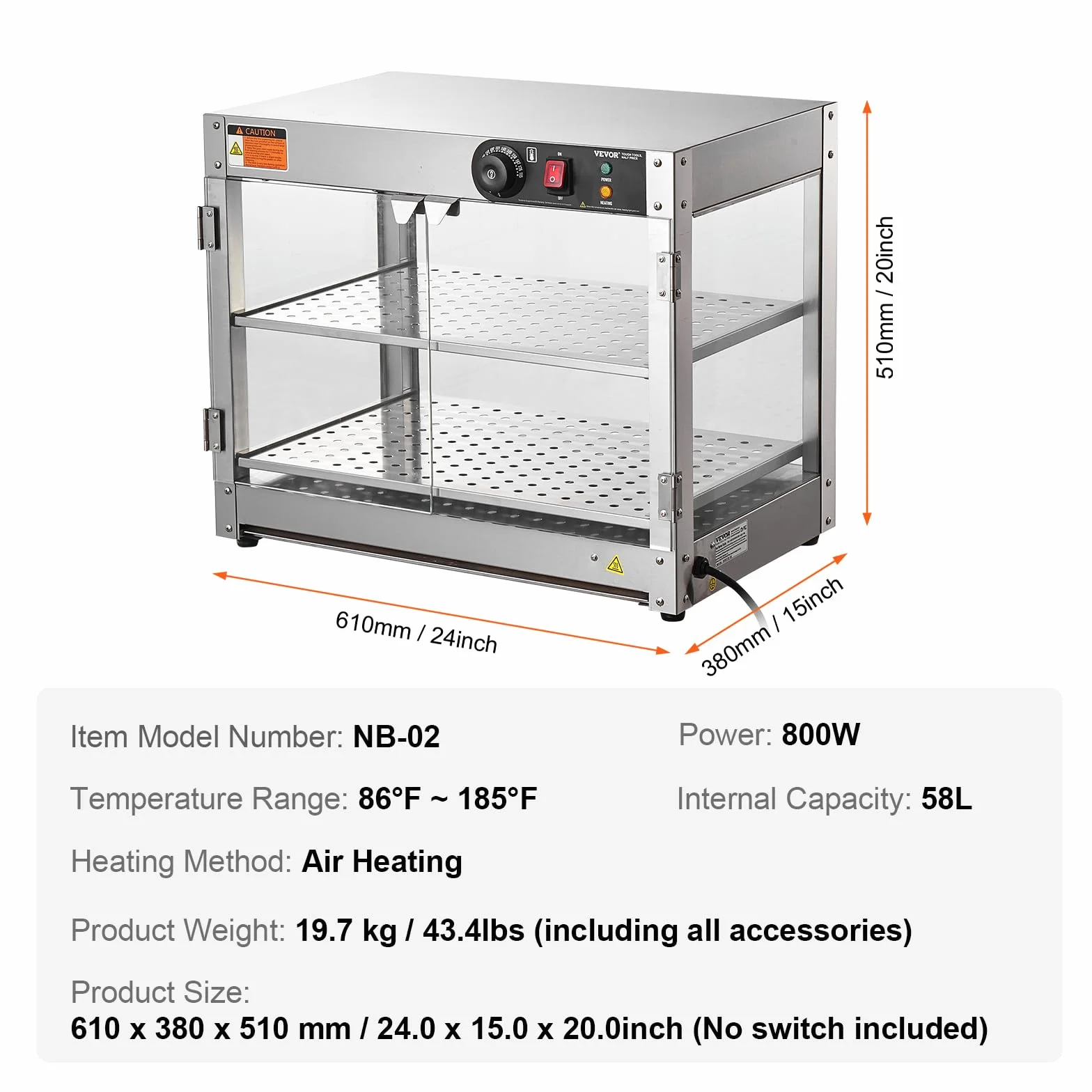 VEVOR Calentador de Alimentos Comercial de 2 Niveles, 800 W con Luz para Mejorar la Exhibición de los Alimentos, Control de Temperatura de 30~85 ℃, Gran Capacidad de 58 L, 610 x 380 x 510 mm, Plata