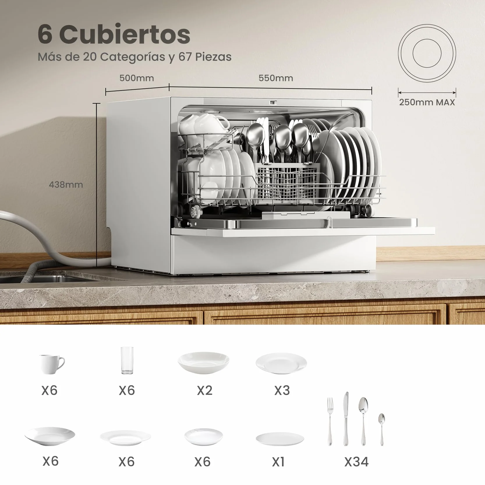 COMFEE' CDWMT0602EWD-EU Lavavajillas de Sobremesa Compacto 6 Cubiertos 6 Programas Clase D Pantalla LED 24H Inicio Diferido 70°C 47 dB Blanco