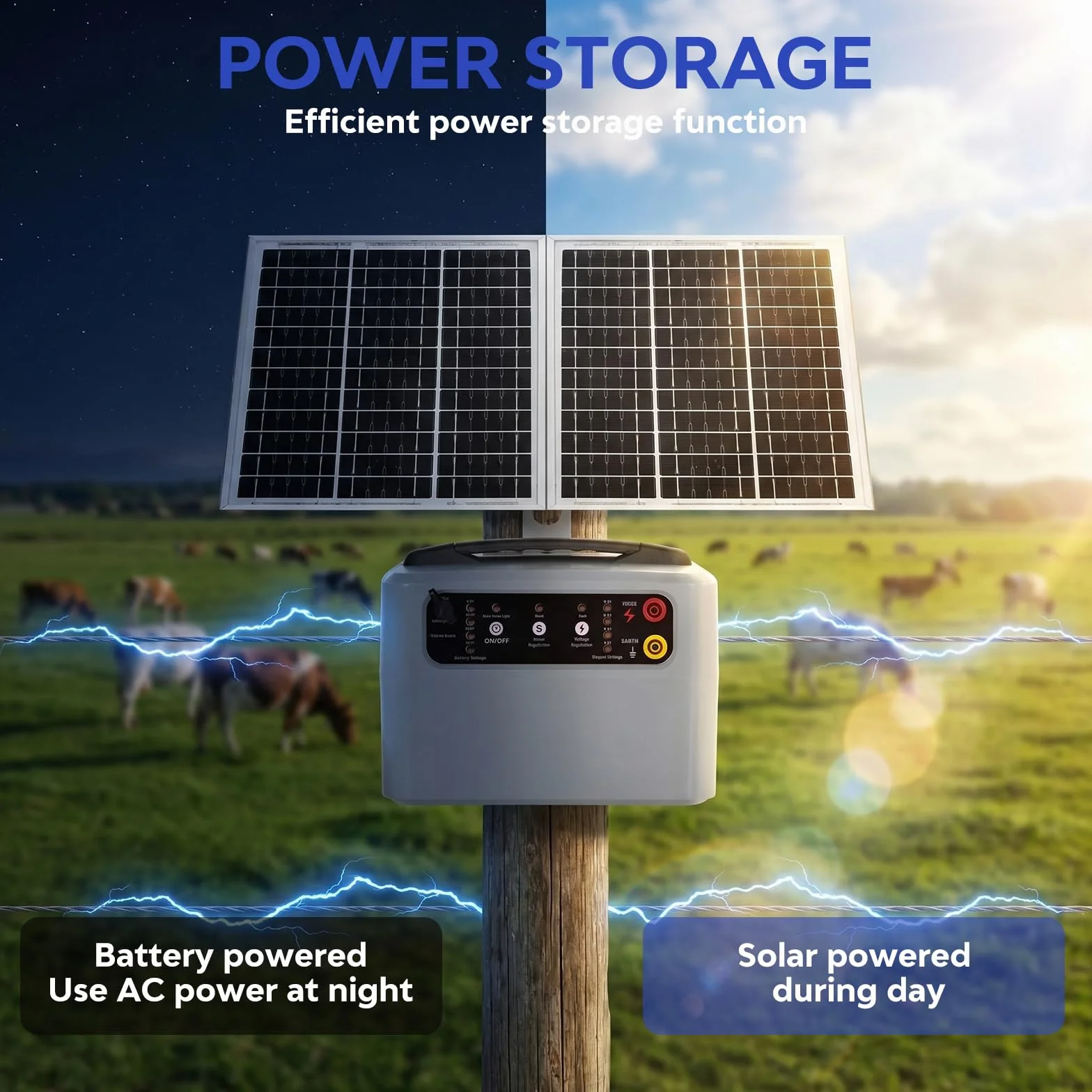 48 KM Pastor Electrico Solar, 0,3 J-1,5 J, 6 KV-12 KV Cerca Eléctrica Controlador con Panel Solar de 15 W, con Batería de Plomo-ácido Integrada de 12 V y 7 Ah, Apto para Ganado Ganado, Vacas(Gris)
